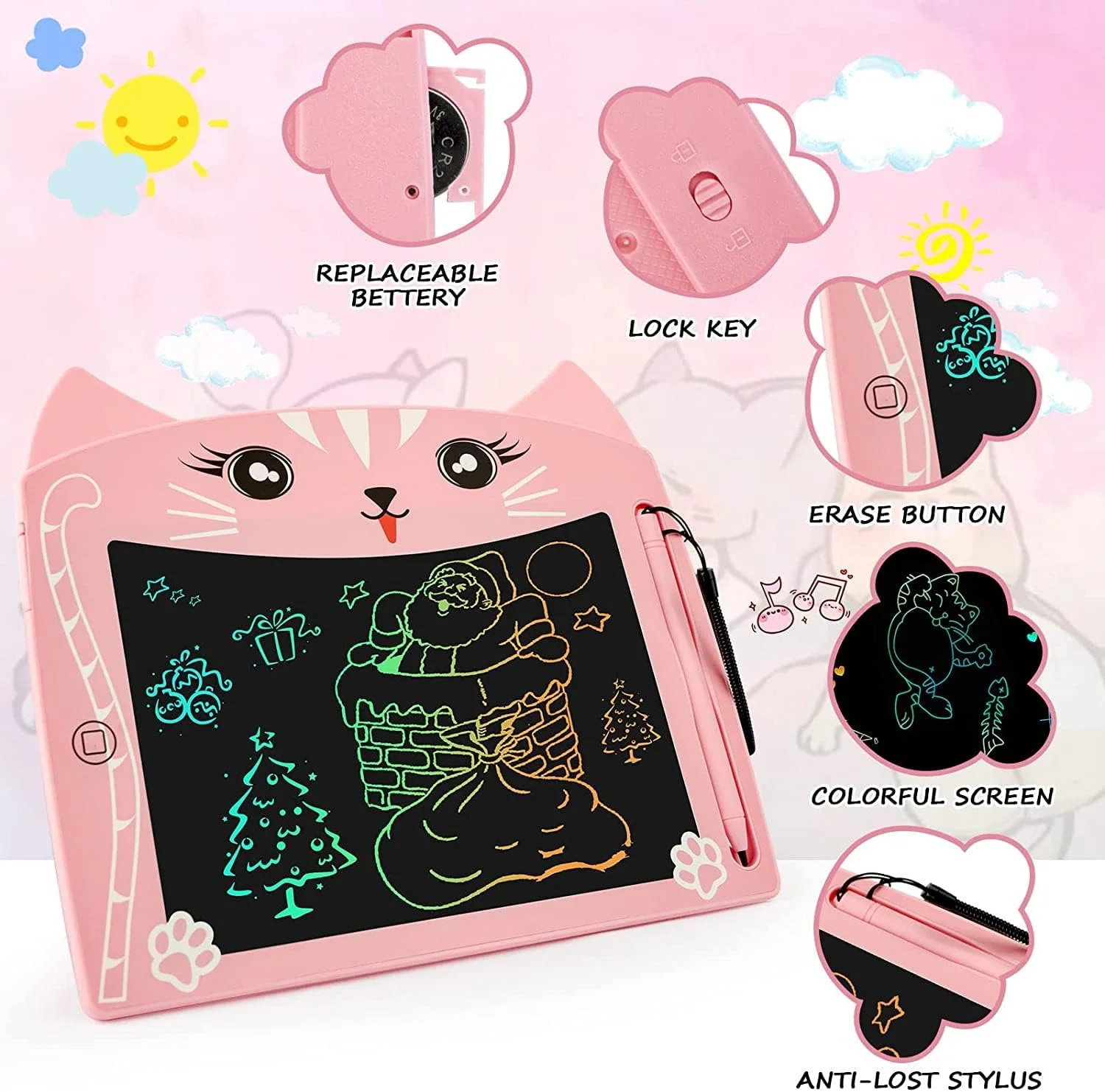 تبلت نوشتاری LCD ELECDON، تخته طراحی 8.5 اینچی با عملکرد قفل، پد طراحی رنگارنگ پاک شدنی برای کودکان، اسباب بازی آموزشی برای یادگیری پیش دبستانی، طرح گربه صورتی تبلت نوشتاری LCD ELECDON، تخته طراحی 8.5 اینچی با عملکرد قفل، پد طراحی رنگارنگ پاک شدنی برای کودکان، اسباب بازی آموزشی برای یادگیری پیش دبستانی، طرح گربه صورتی