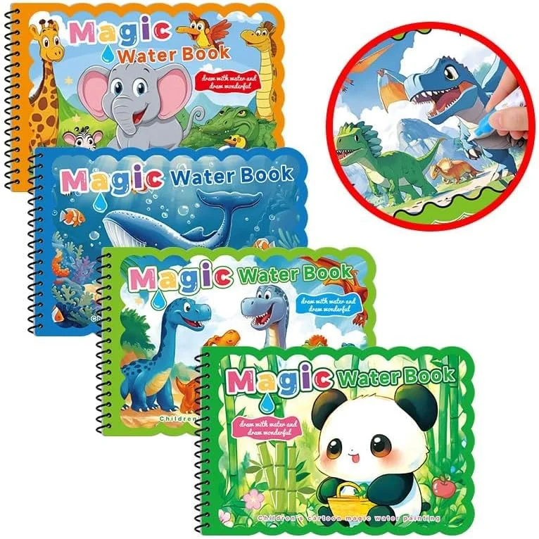 مجموعه ۴ عددی کتاب رنگ آمیزی با آب برای کودکان نوپا، کتاب نقاشی و طراحی با آب قابل استفاده مجدد و بدون کثیف کاری با ۴ قلم مو، فعالیت آموزشی مسافرتی و هدیه تولد برای کودکان