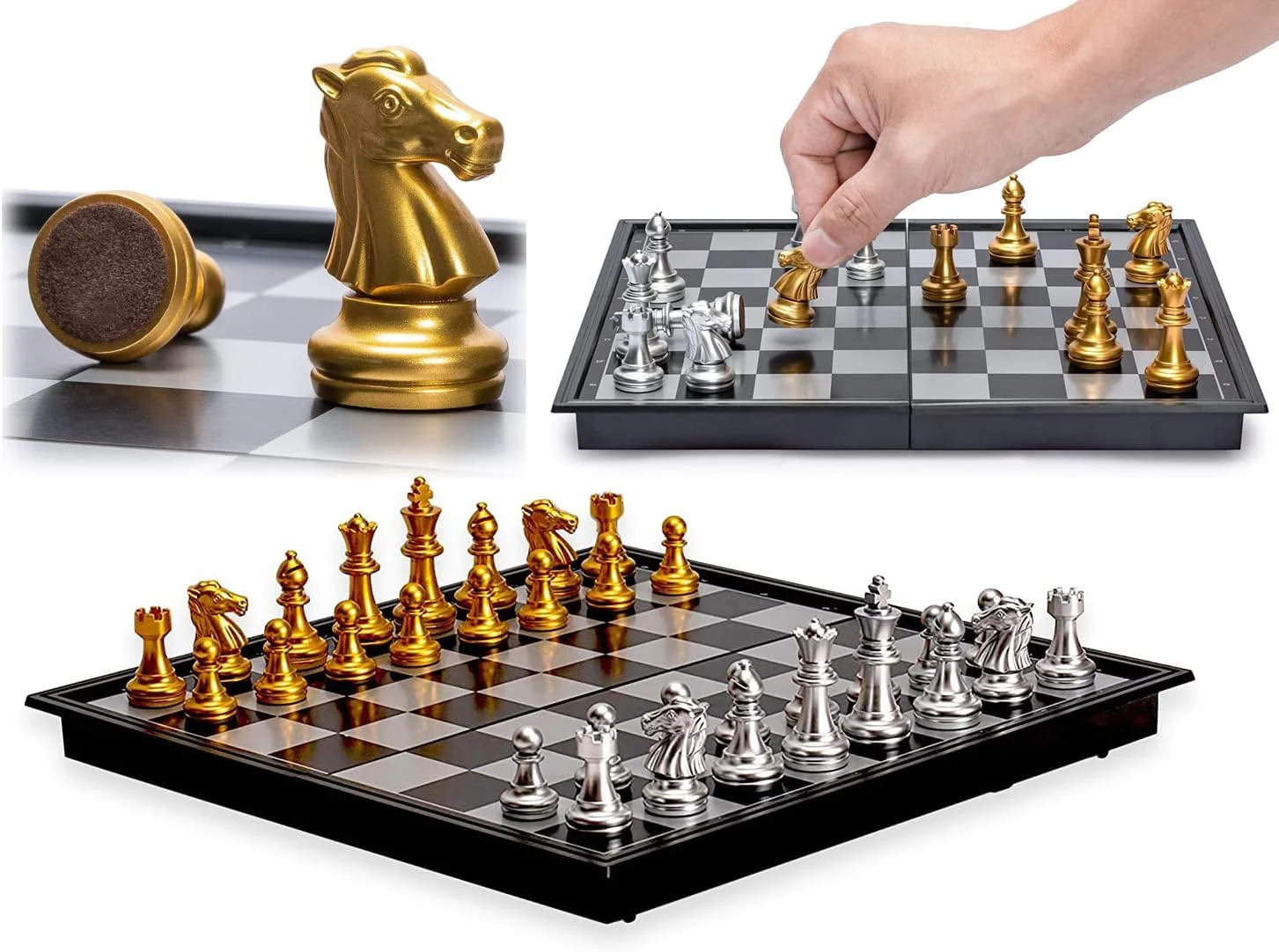 مجموعه شطرنج مسافرتی ELECDON - مهره شطرنج مغناطیسی با صفحه قابل حمل/تاشو - مجموعه کامل شطرنج اسباب بازی آموزشی برای کودکان/بزرگسالان - مهره شطرنج طلایی/نقره ای - هدیه بازی سنتی دست ساز