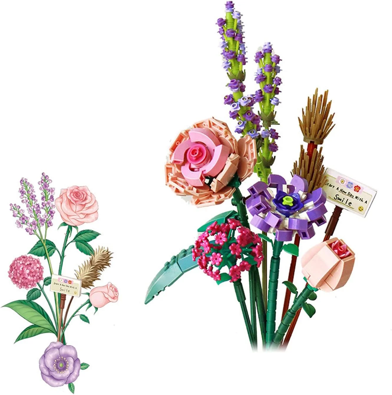 بلوک های ساختنی دسته گل، مجموعه اسباب بازی های ساختنی DIY با بسته بندی نفیس، مناسب برای دکوراسیون اتاق و تزئین میز (547 قطعه، 8 گل)