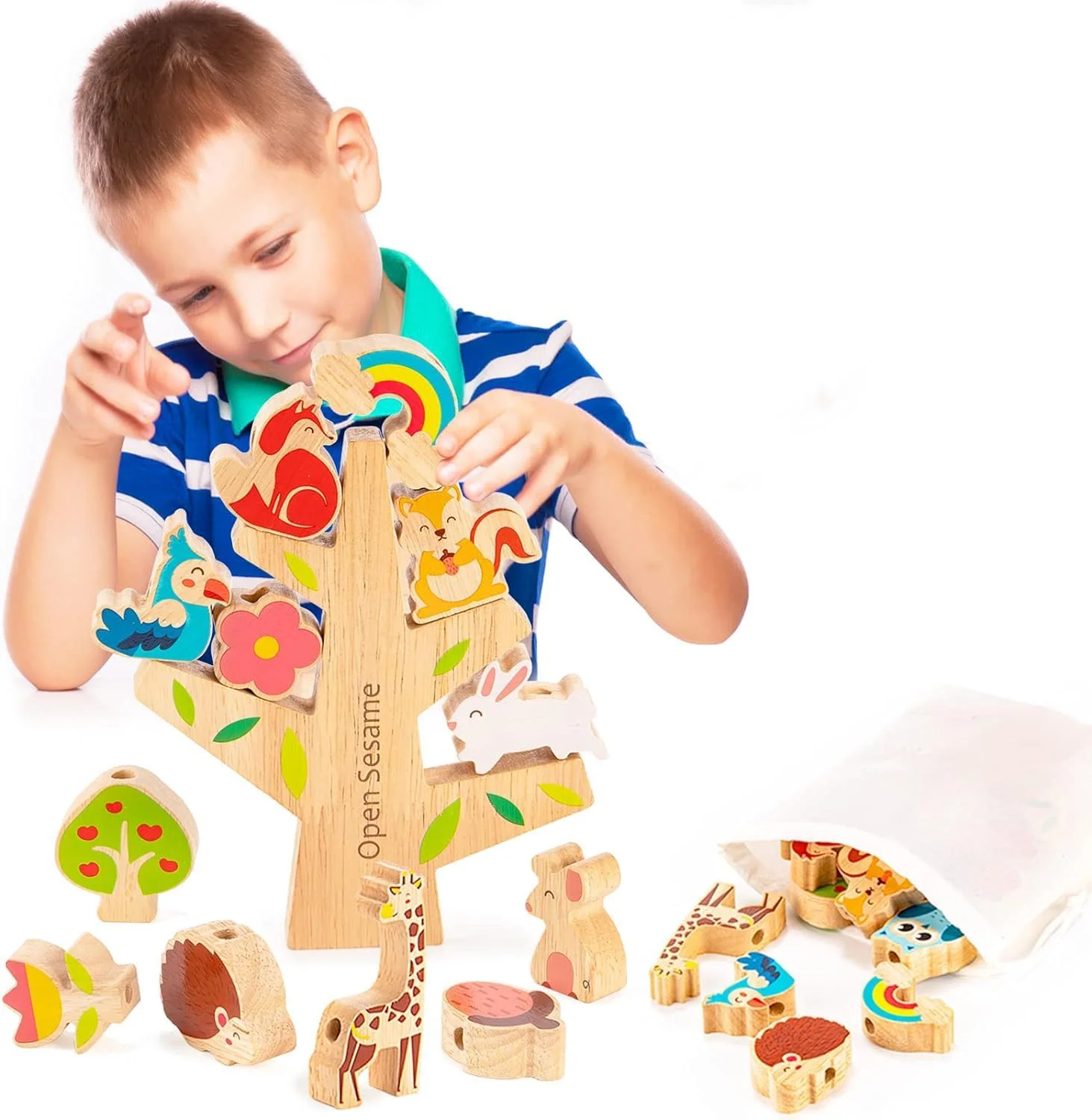 مجموعه اسباب بازی چوبی چیدنی برای کودکان نوپا: حیوانات، مهره ها، بلوک ها و رنگین کمان - اسباب بازی آموزشی مونته سوری برای کودکان 1-3 ساله