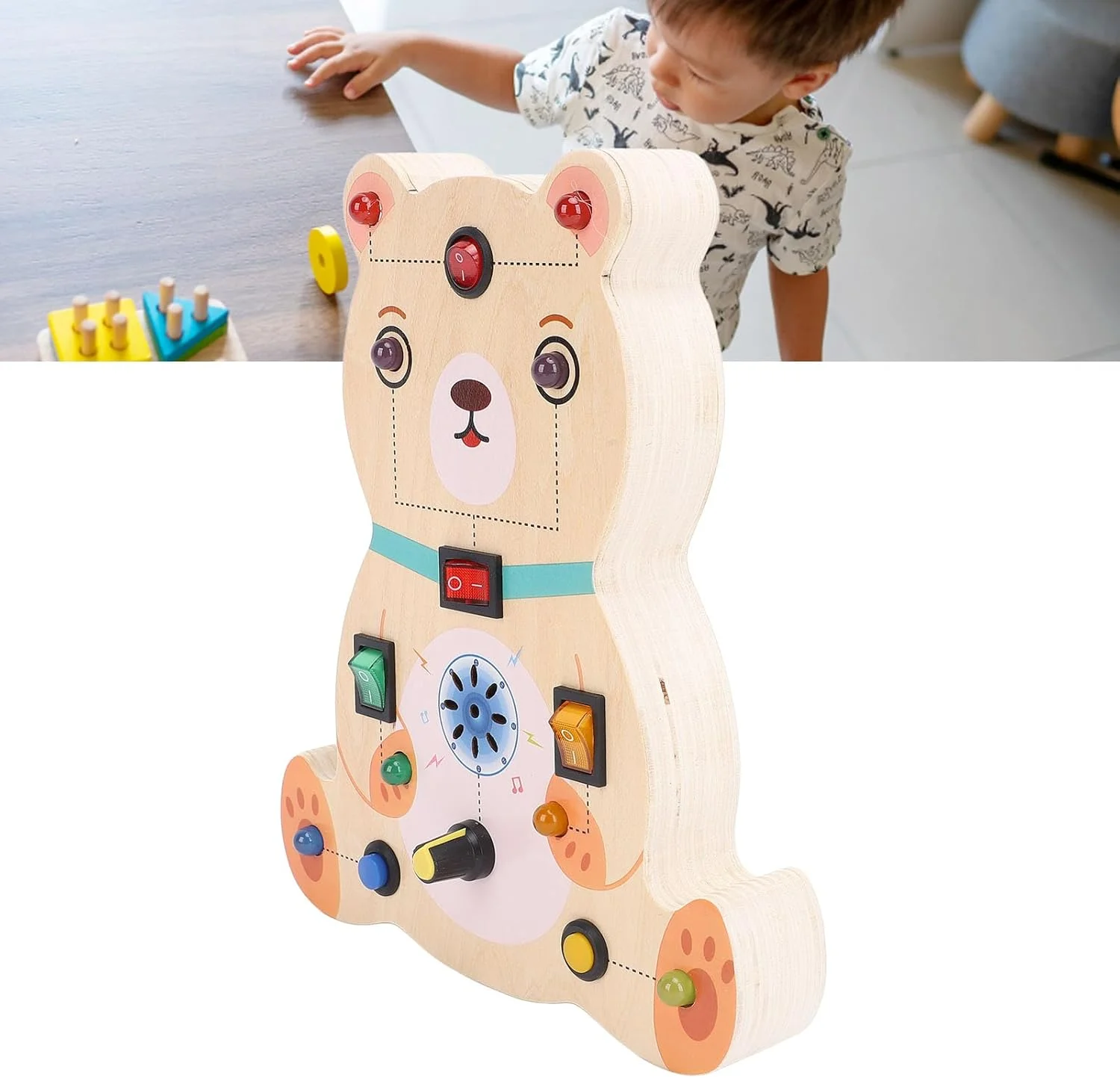 اسباب بازی چراغ سوئیچ چوبی Cryfokt، اسباب بازی آموزشی منحصر به فرد تخته مدار سوئیچ چوبی شبیه سازی شده برای کودکان (خرس)