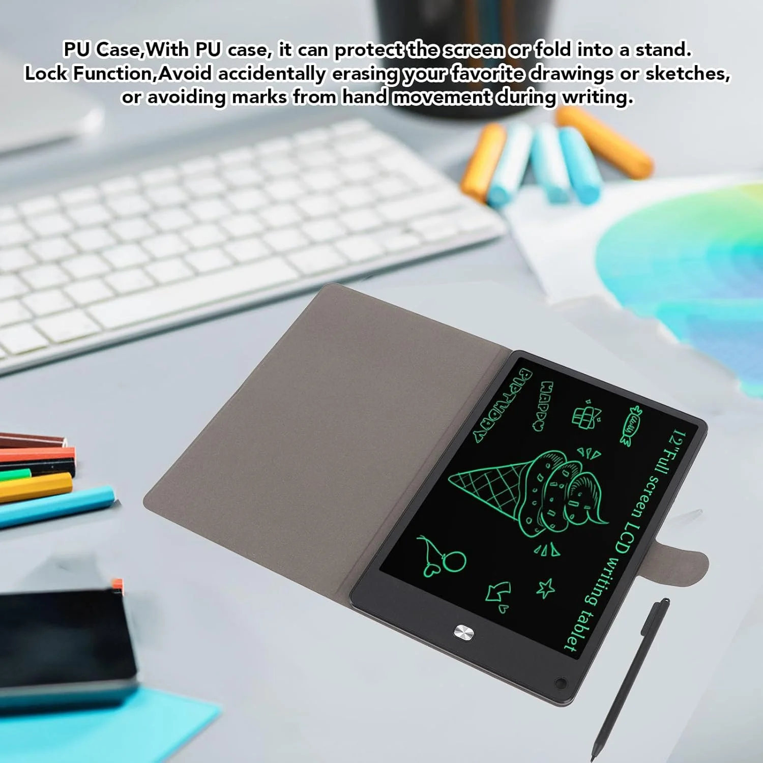 تبلت نوشتاری ال سی دی Cryfokt با قلم و کیف PU، پد طراحی الکترونیکی پاک شدنی 12 اینچی، اسباب بازی های آموزشی برای کودکان و بزرگسالان، پدهای طراحی الکترونیکی، 100000 بار استفاده