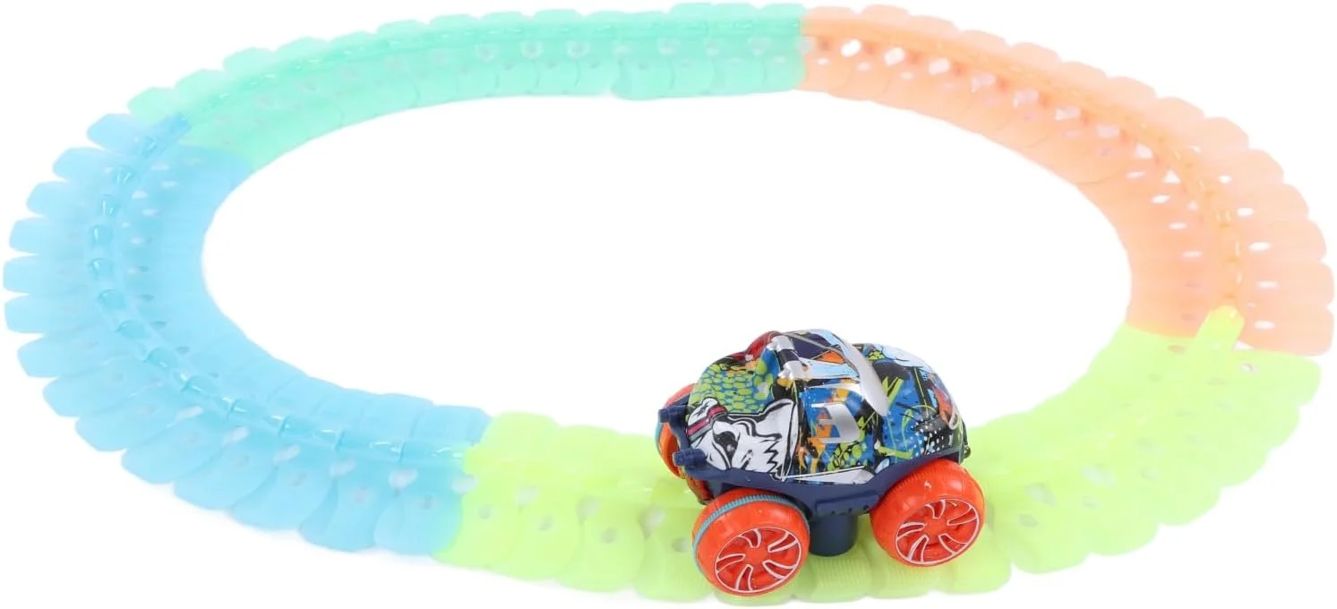 پیست مسابقه و ماشین های اسباب بازی LED، پیست ماشین مسابقه جادویی با بلوک های ساختمانی روشن شونده LED، مجموعه اسباب بازی آموزشی ساخت و ساز برای پسران و دختران، هدیه تولد کودکان (56 قطعه)