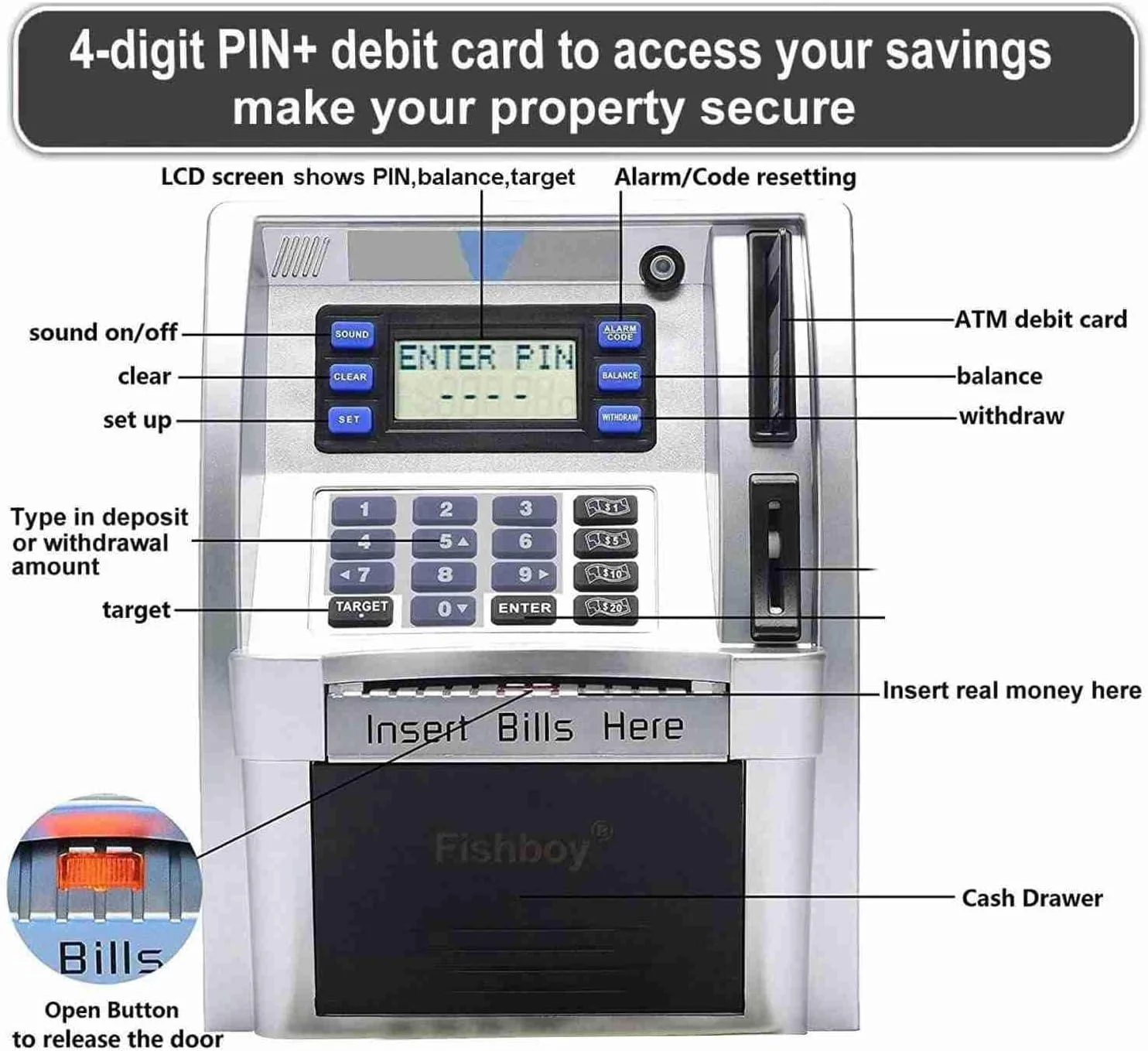 قلک خودپرداز Cryfokt، صندوق پس انداز خلاقانه با رمز عبور، قابلیت بلعیدن اسکناس و صفحه نمایش LCD برای کودکان