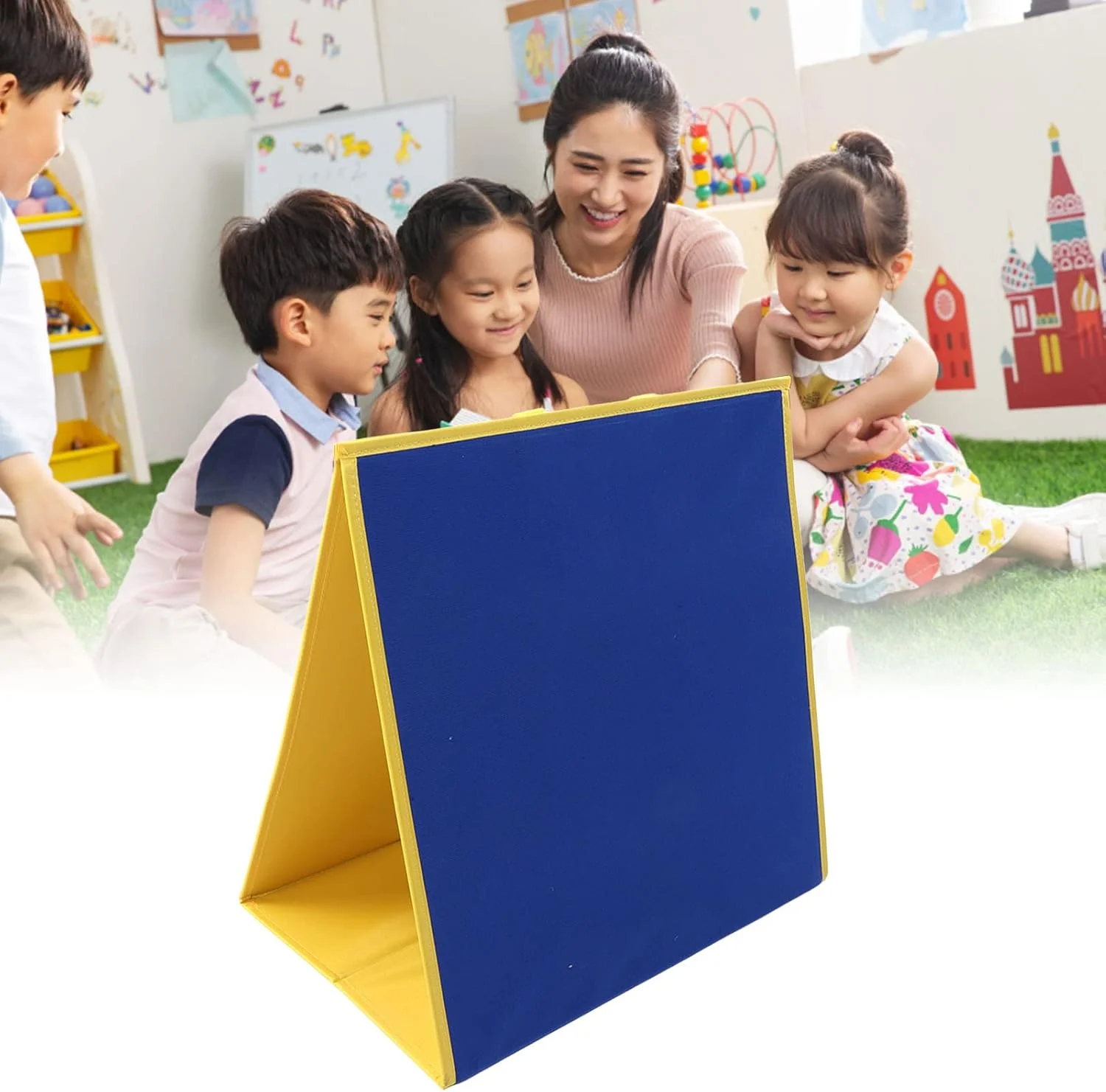 تخته نمدی تاشو برای کودکان، تخته داستان گویی نمدی آموزشی خودایستا، کتاب ساکت آموزشی دو طرفه (آبی مشکی)