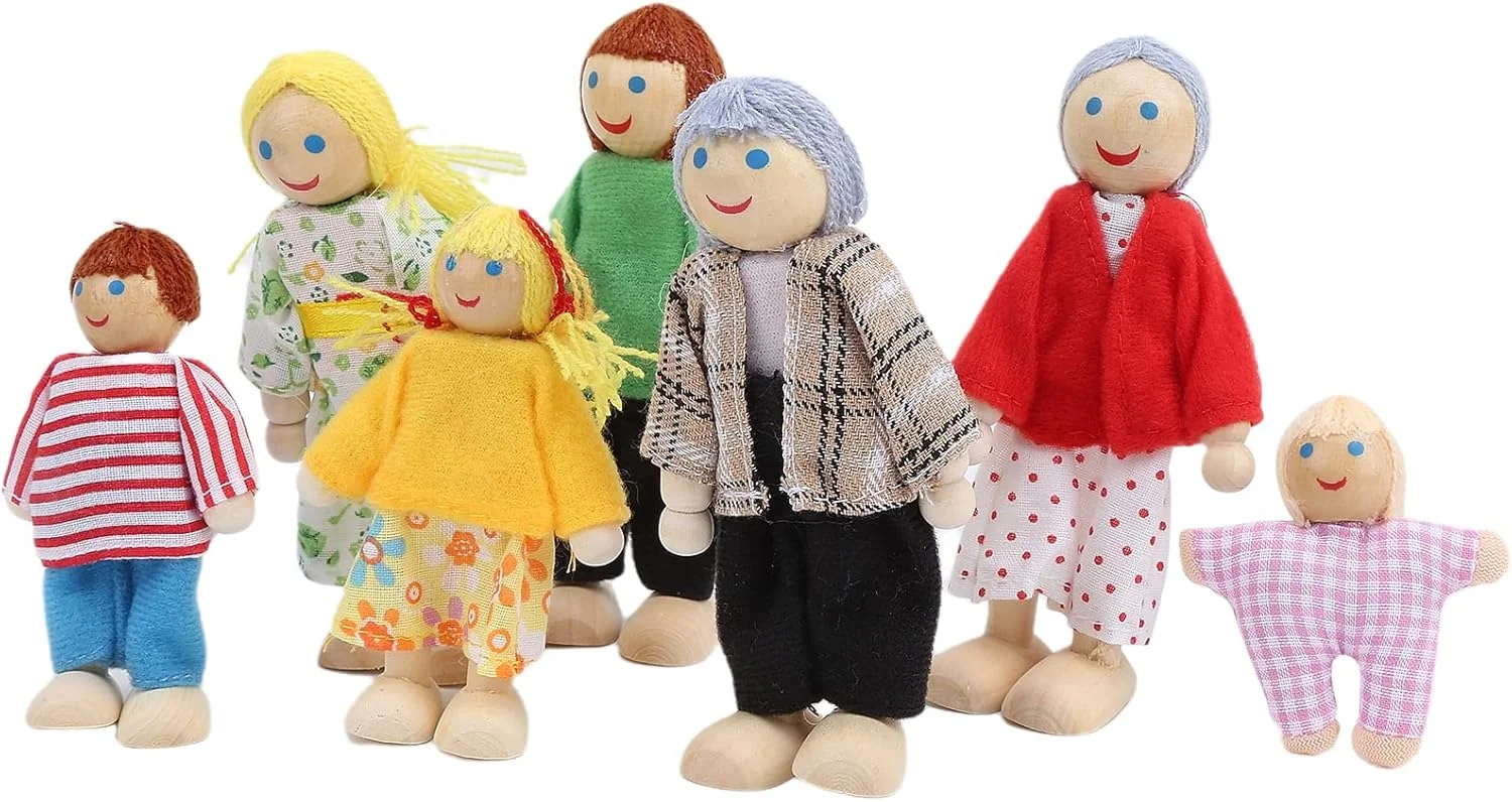 مجموعه عروسک های خانوادگی Keenso، فیگورهای عروسکی خانوادگی زیبا، مجموعه اسباب بازی مینیاتوری چوبی، تزئینی خانه عروسکی آموزشی (عروسک 7 عددی)