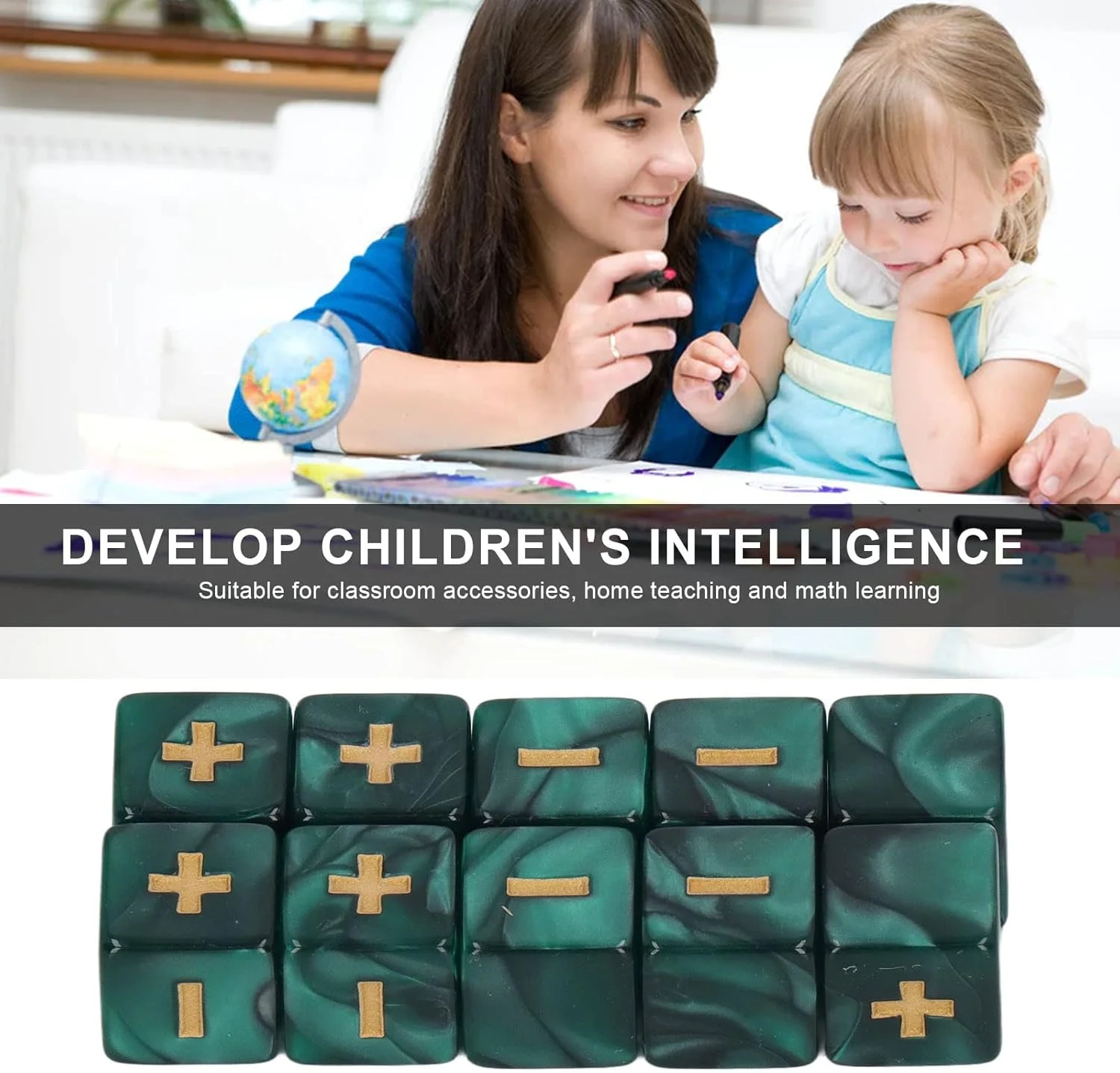 مجموعه 20 عددی تاس آموزشی 16 میلی متری، تاس عملیات ریاضی با علائم مثبت و منفی، اسباب بازی های آموزشی، برای آموزش کلاسی، یادگیری ریاضی (سبز)