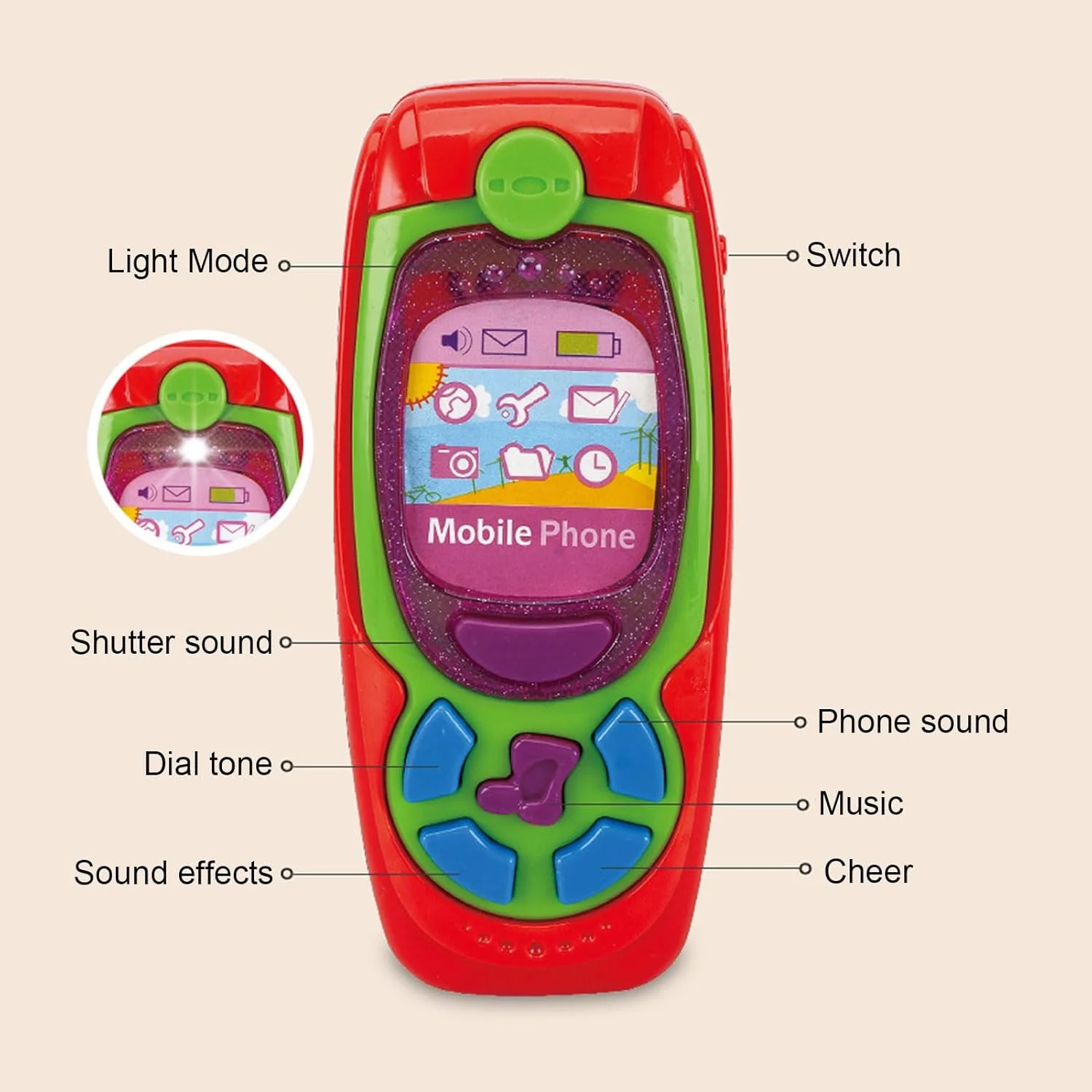 تلفن اسباب بازی کودکانه، تلفن اسباب بازی آموزشی کارتونی با موسیقی و چراغ برای کودکان (قرمز)