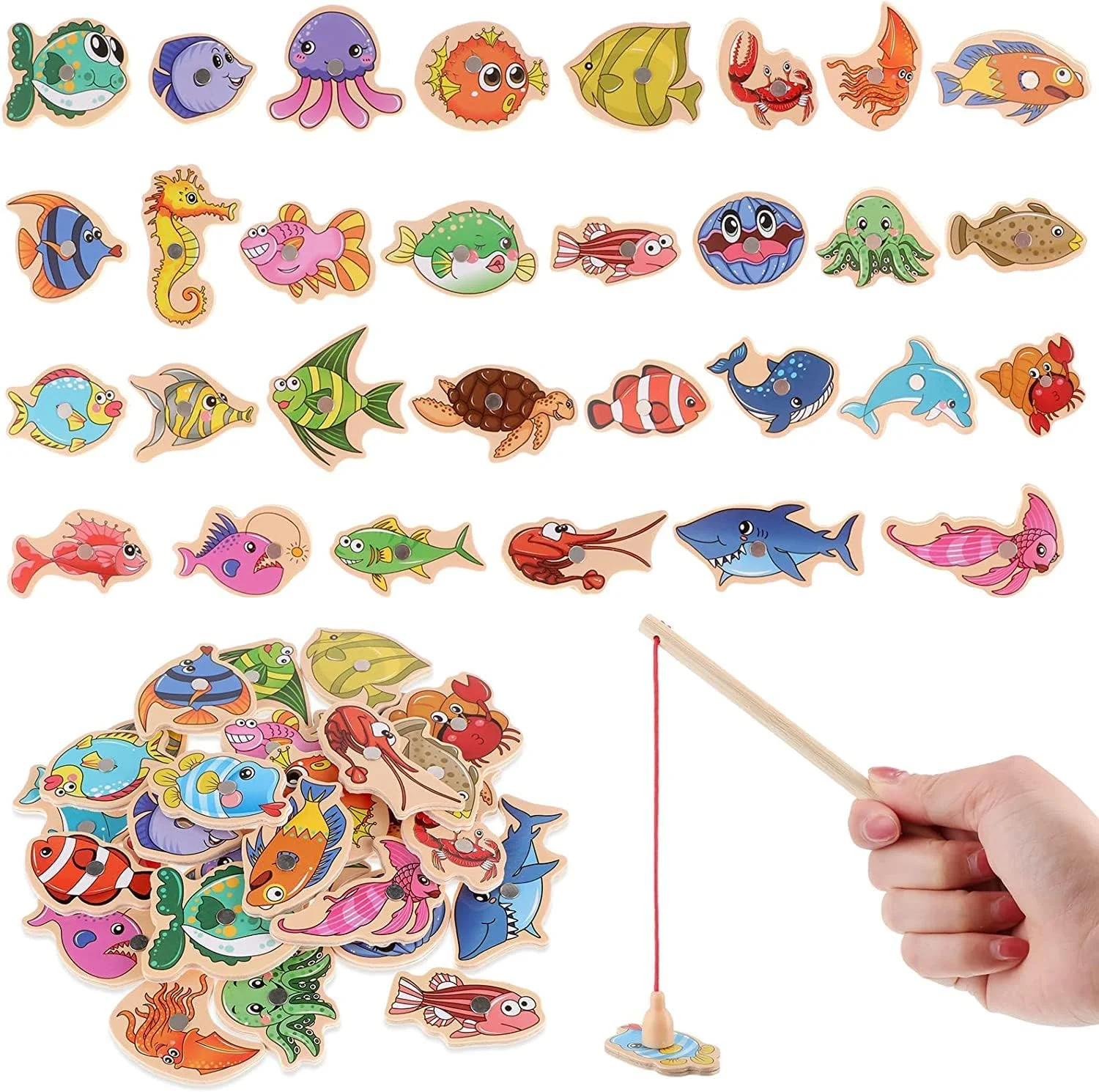 بازی ماهیگیری مغناطیسی، 15 تکه اسباب بازی آموزشی ماهی چوبی، بازی های حیوانات اقیانوسی مغناطیسی متنوع، بازی های یادگیری، اسباب بازی مغناطیسی با چوب ماهیگیری، برای بازی والدین و فرزند، اسباب بازی ماهیگیری مهد کودک