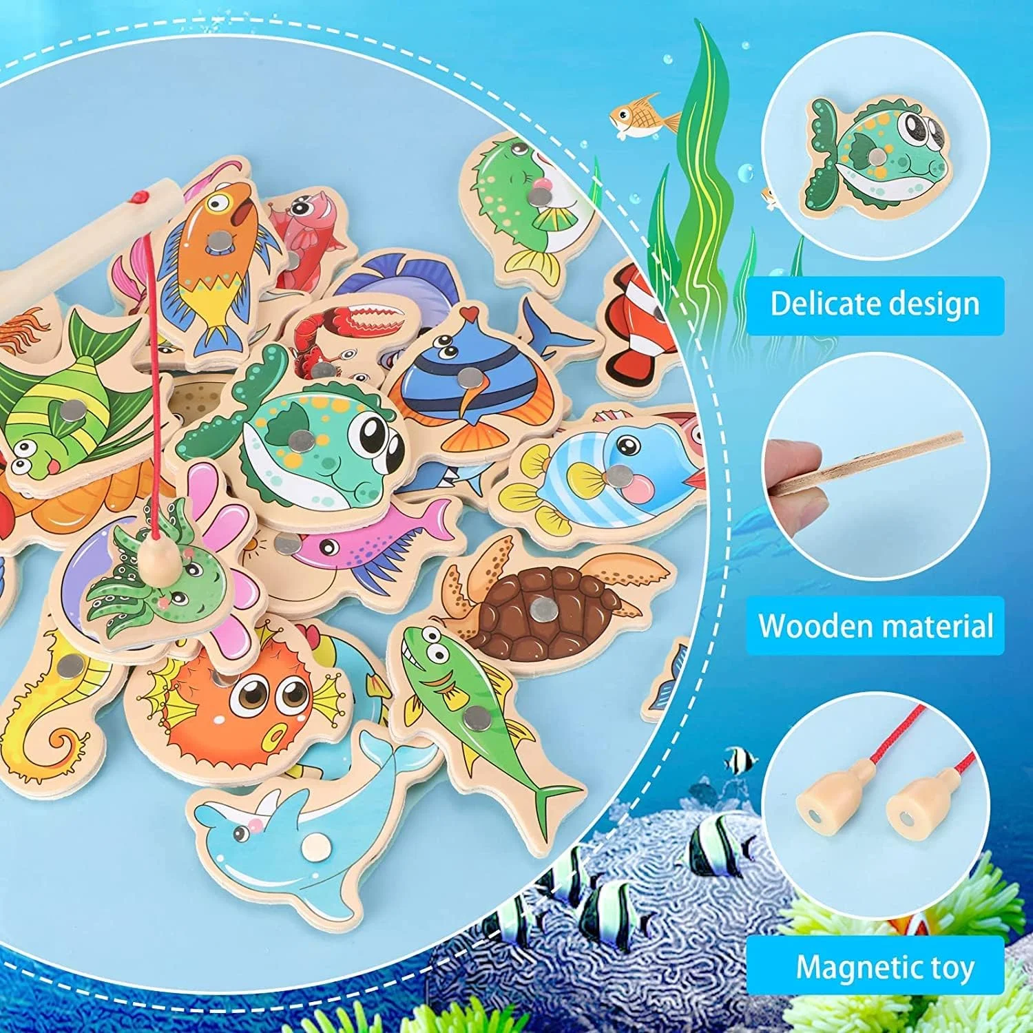بازی ماهیگیری مغناطیسی، 15 تکه اسباب بازی آموزشی ماهی چوبی، بازی های حیوانات اقیانوسی مغناطیسی متنوع، بازی های یادگیری، اسباب بازی مغناطیسی با چوب ماهیگیری، برای بازی والدین و فرزند، اسباب بازی ماهیگیری مهد کودک