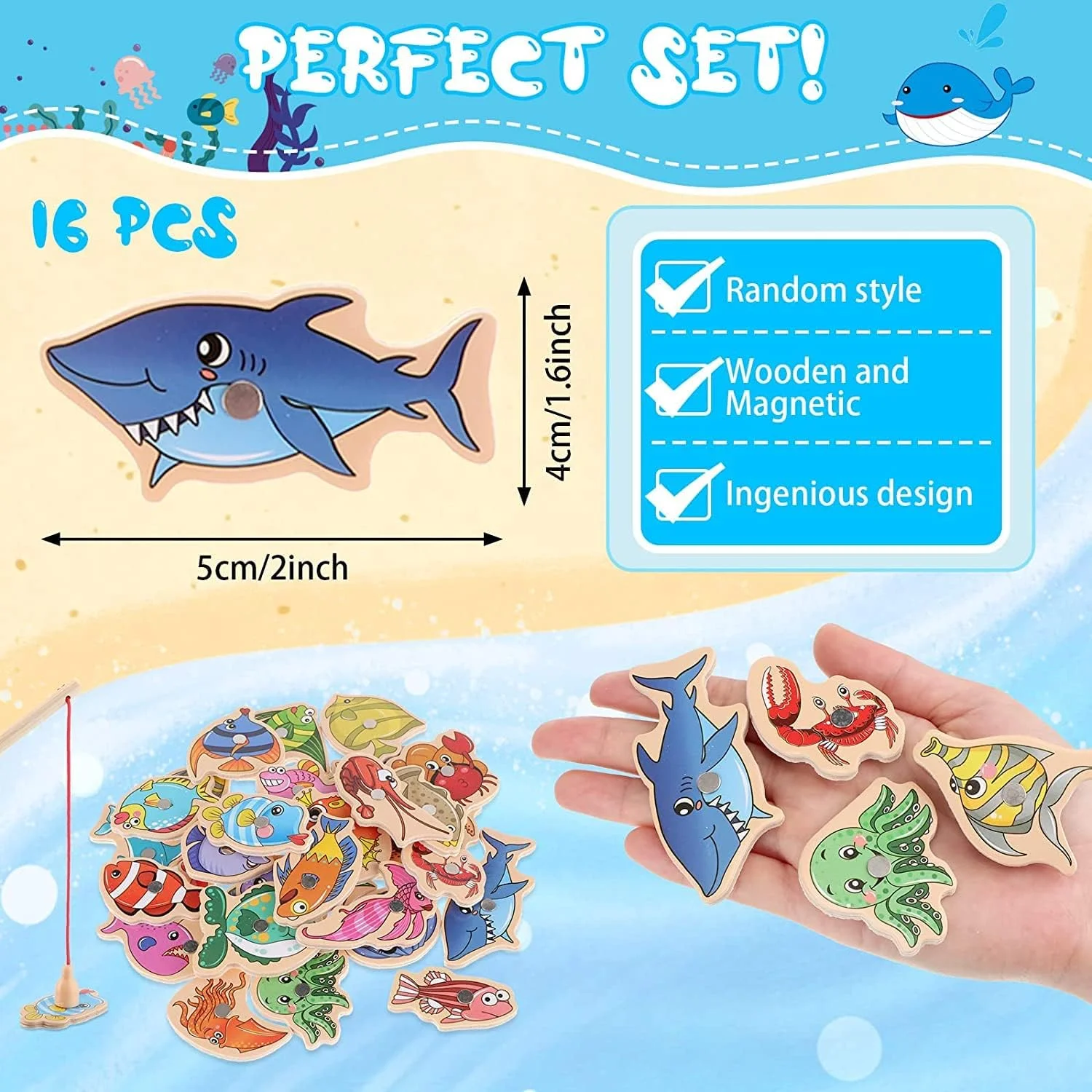 بازی ماهیگیری مغناطیسی، 15 تکه اسباب بازی آموزشی ماهی چوبی، بازی های حیوانات اقیانوسی مغناطیسی متنوع، بازی های یادگیری، اسباب بازی مغناطیسی با چوب ماهیگیری، برای بازی والدین و فرزند، اسباب بازی ماهیگیری مهد کودک