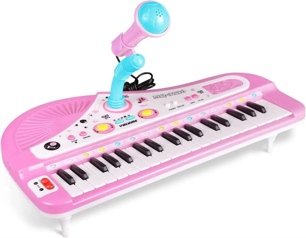 کیبورد پیانو کودکانه SYOSI، پیانو برای کودکان به همراه میکروفون، کیبوردهای الکترونیکی قابل حمل برای مبتدیان، 37 کلید، اسباب بازی موزیکال برای هدیه تولد دختران بچه 3، 4، 5، 6، 7 ساله (صورتی)