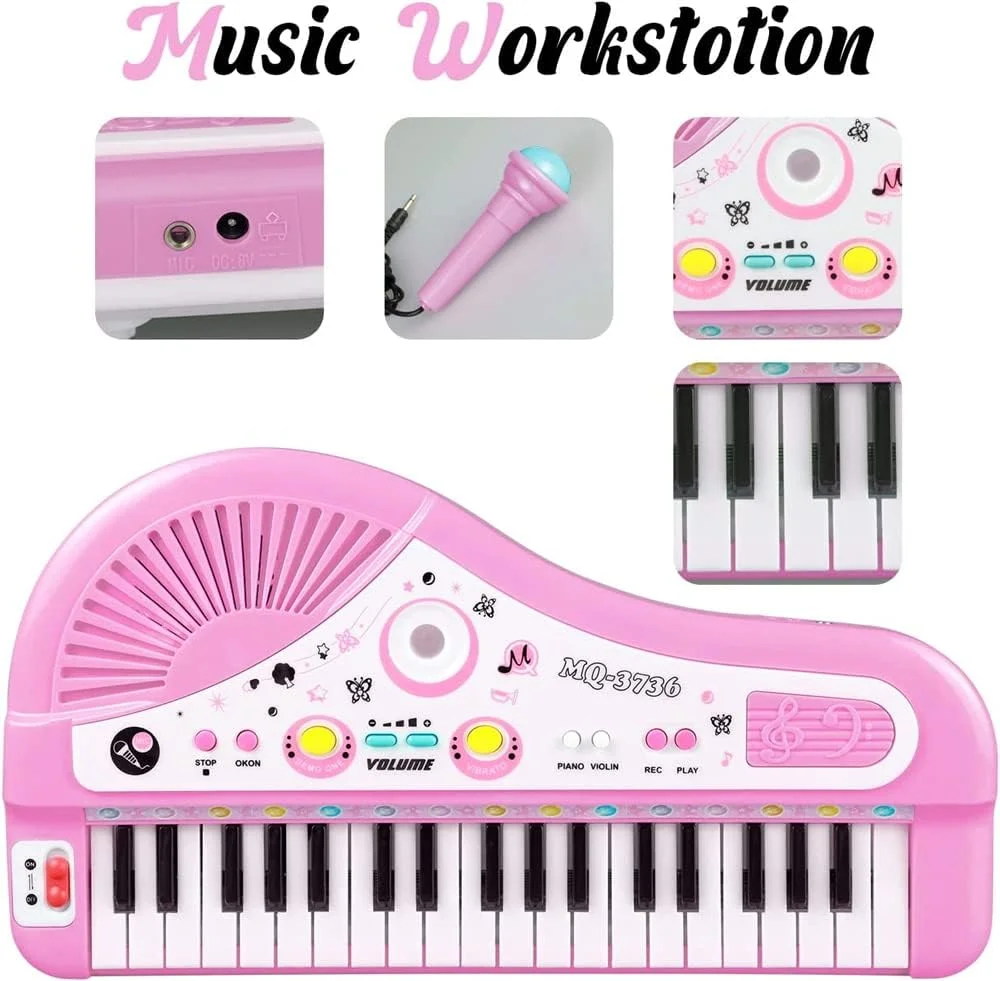 کیبورد پیانو کودکانه SYOSI، پیانو برای کودکان به همراه میکروفون، کیبوردهای الکترونیکی قابل حمل برای مبتدیان، 37 کلید، اسباب بازی موزیکال برای هدیه تولد دختران بچه 3، 4، 5، 6، 7 ساله (صورتی)