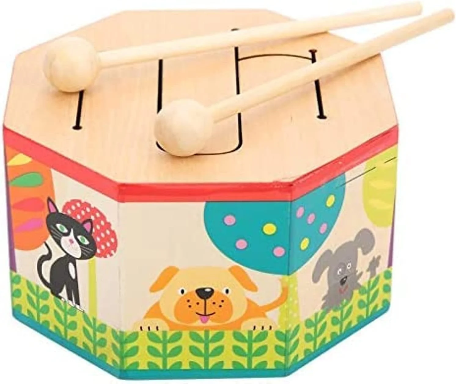 اسباب بازی طبل دستی چوبی کودکانه SYOSI - ساز کوبه ای کوچک برای نوزادان و کودکان نوپا با 2 چوب - اسباب بازی آموزشی موسیقی برای کودکان