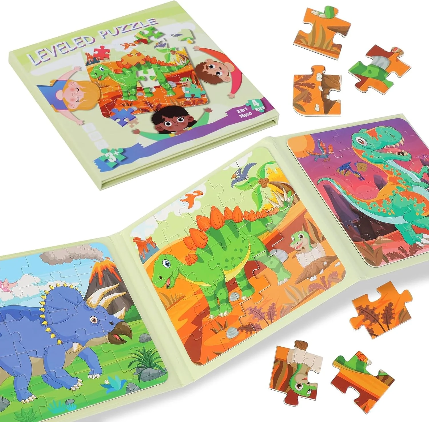 پازل های مغناطیسی برای کودکان 4 تا 8 سال، کتاب پازل اره منبای مغناطیسی برای کودکان نوپا 2 تا 5 سال، اسباب بازی فعالیت های تخته پازل مسافرتی مغناطیسی بیرونی برای بازی های پیش دبستانی مهمانی کودکان نوپا پسران و دختران (دایناسور)