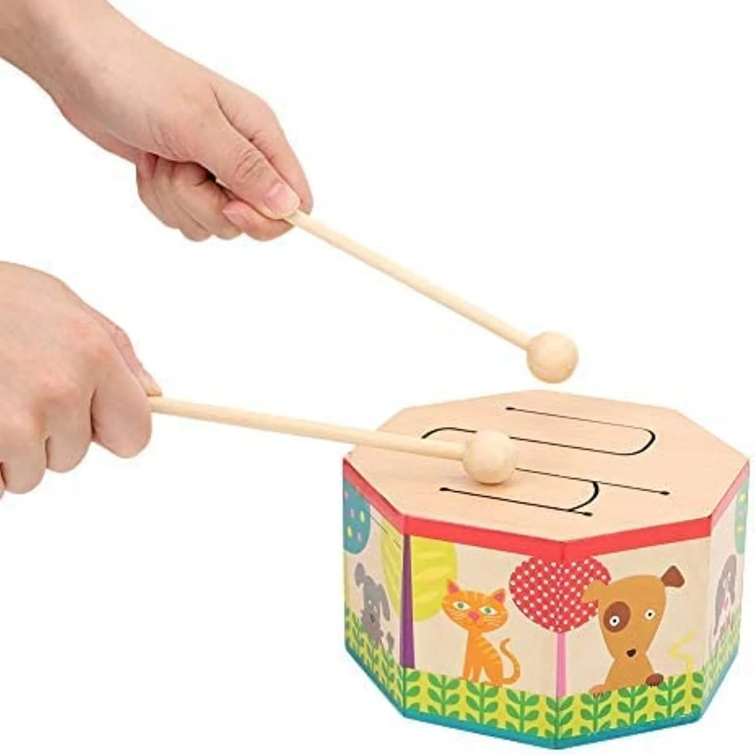 اسباب بازی طبل دستی چوبی کودکانه SYOSI - ساز کوبه ای کوچک برای نوزادان و کودکان نوپا با 2 چوب - اسباب بازی آموزشی موسیقی برای کودکان