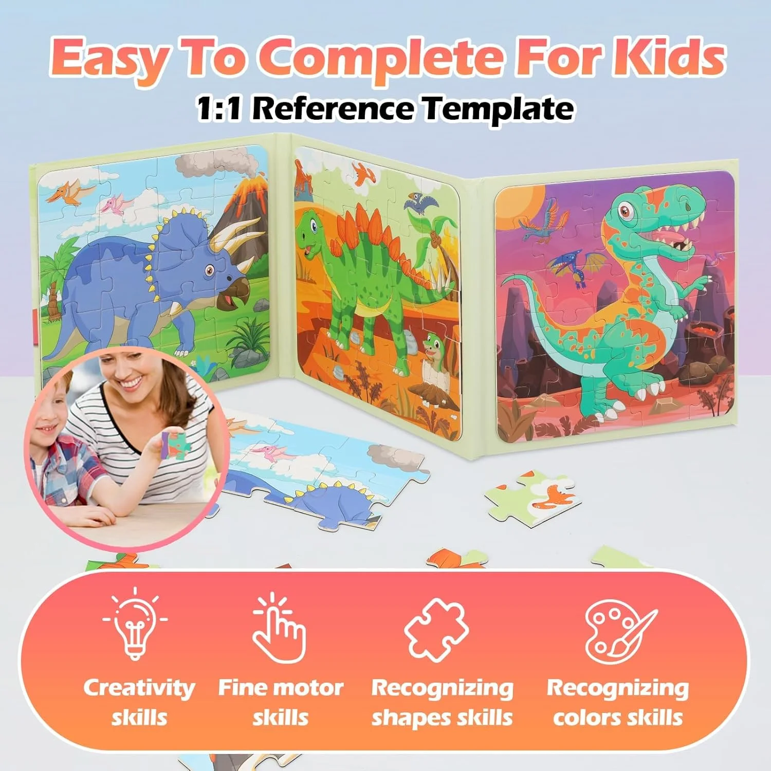 پازل های مغناطیسی برای کودکان 4 تا 8 سال، کتاب پازل اره منبای مغناطیسی برای کودکان نوپا 2 تا 5 سال، اسباب بازی فعالیت های تخته پازل مسافرتی مغناطیسی بیرونی برای بازی های پیش دبستانی مهمانی کودکان نوپا پسران و دختران (دایناسور)