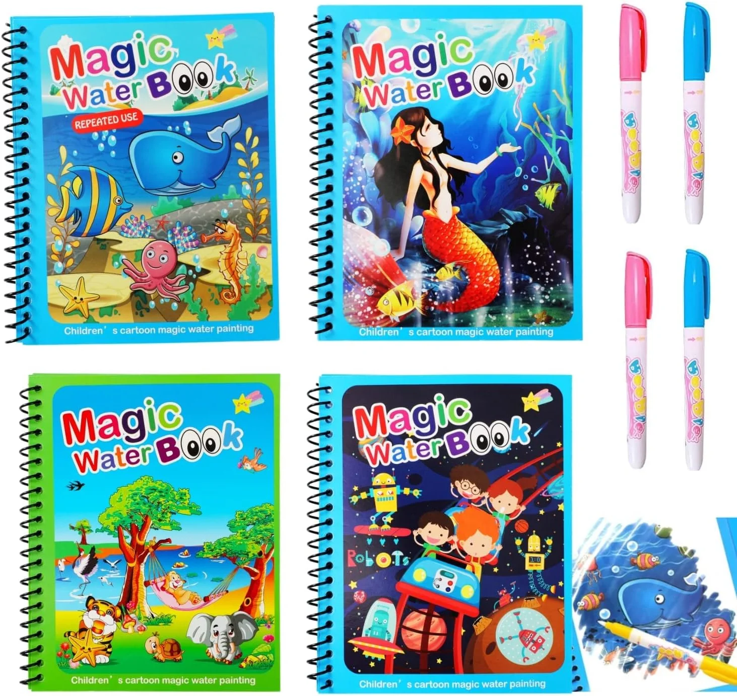کتاب‌های نقاشی آبرنگ SYOSI، کتاب رنگ آمیزی جادویی با آب برای کودکان نوپا، نقاشی مجدد تکشاخ، حیوانات کارتونی، اسباب بازی های آموزشی برای پسران و دختران (4 عددی) (نوع B)