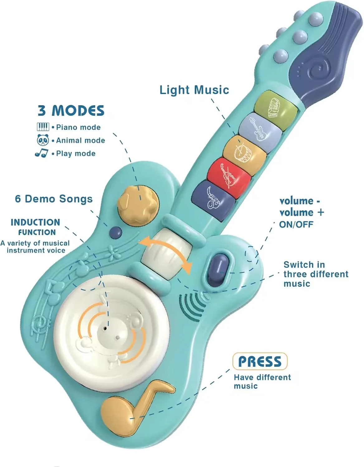 اسباب بازی موسیقیایی الکترونیکی، گیتار دستی برای کودکان، اسباب بازی گیتار کودکانه با نور و صدا، پخش موسیقی، درام، پیانو، ویولن، ترومپت، روشنگری موسیقی هوشمند، چند منظوره