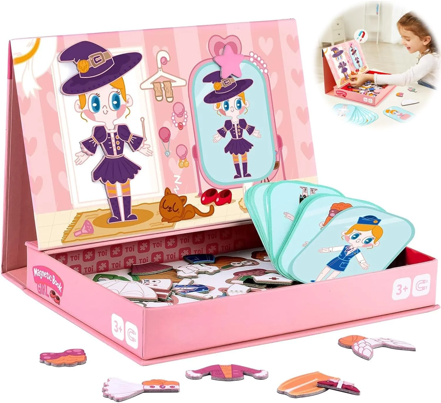 مجموعه پازل آهنربایی SYOSI برای کودکان 3 تا 8 سال، اسباب بازی آموزشی تعاملی با صفحه بازی، فعالیت مسافرتی قابل حمل برای کودکان نوپا، بازی سرگرم کننده یادگیری برای دختران