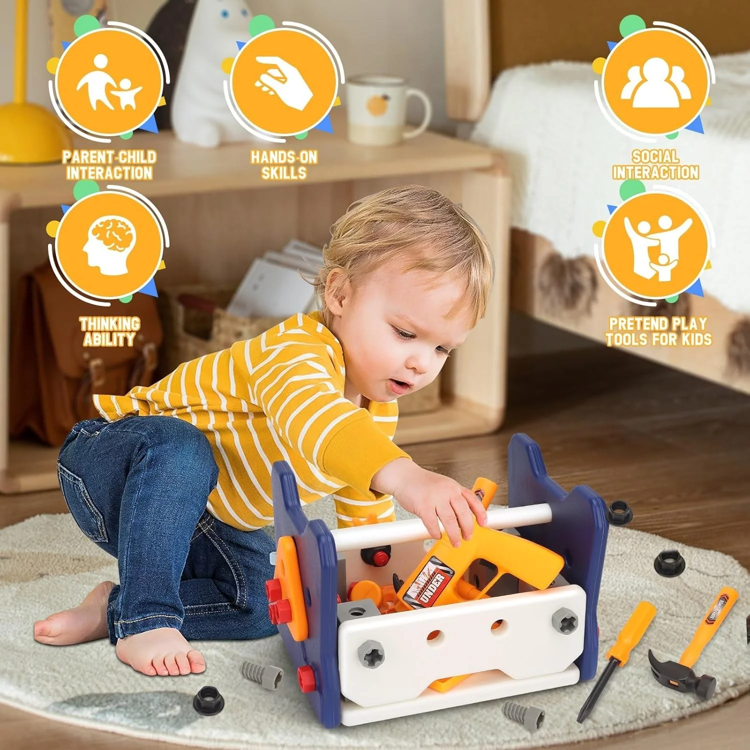 مجموعه ابزار کودک با دریل برقی، مجموعه 58 تکه ابزار بازی کودک نوپا، اسباب بازی های آموزشی برای کودکان 3+ سال، اسباب بازی های ساختمانی جداشدنی کودک نوپا، هدایای روز تولد و کریسمس برای دختر و پسر