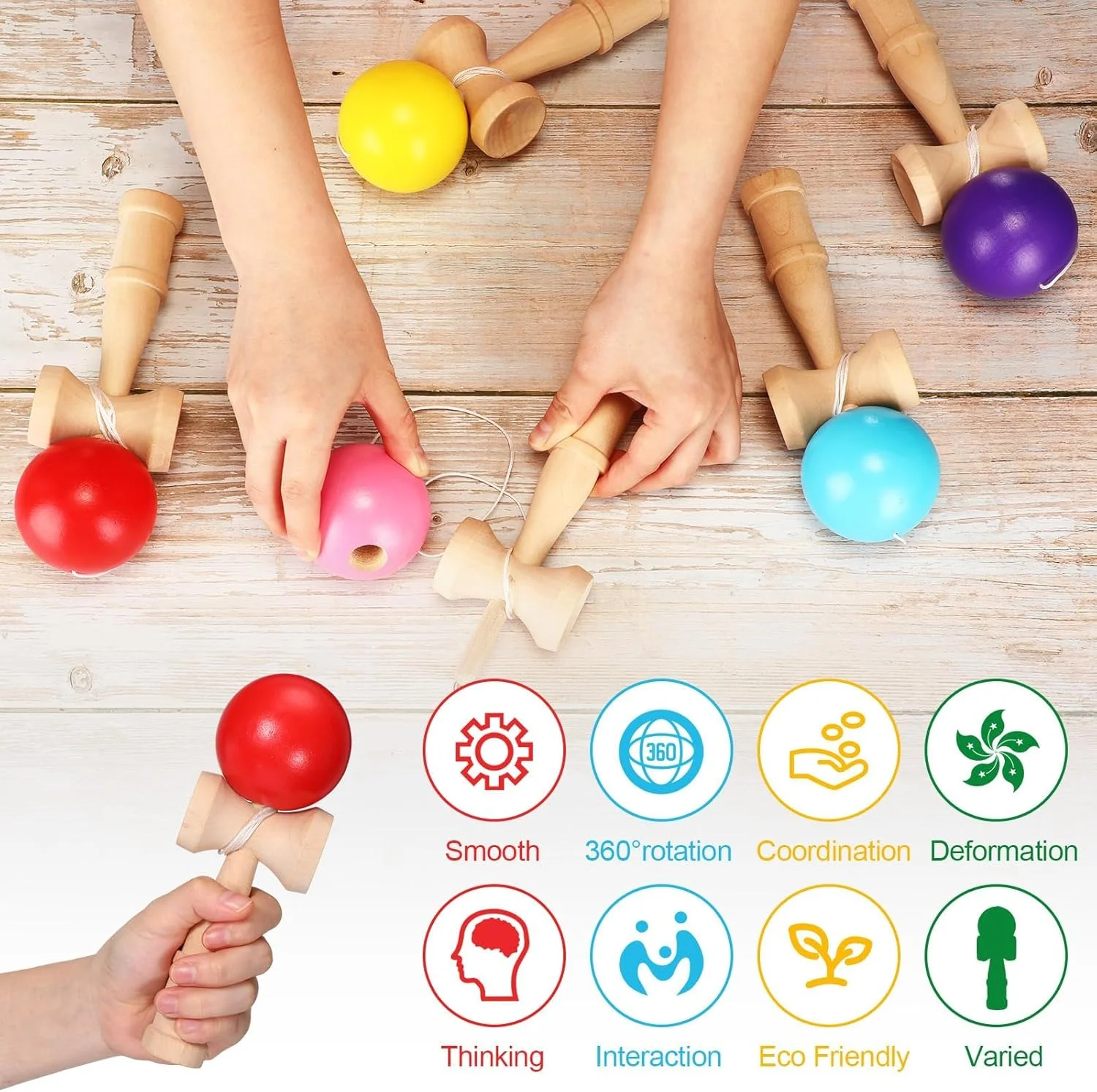 ست ۷ عددی اسباب بازی چوبی کنداما، بازی هماهنگی توپ و فنجان، بازی پرتاب و گرفتن قدیمی، بازی آموزشی هماهنگی چشم و دست برای مبتدیان، هدیه تولد، لوازم مهمانی، ۷ رنگ