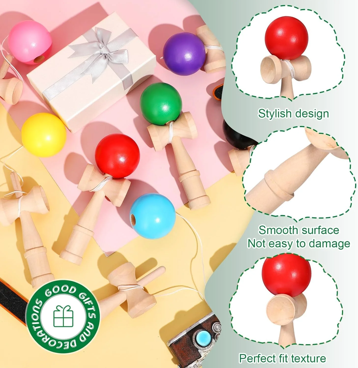 ست ۷ عددی اسباب بازی چوبی کنداما، بازی هماهنگی توپ و فنجان، بازی پرتاب و گرفتن قدیمی، بازی آموزشی هماهنگی چشم و دست برای مبتدیان، هدیه تولد، لوازم مهمانی، ۷ رنگ