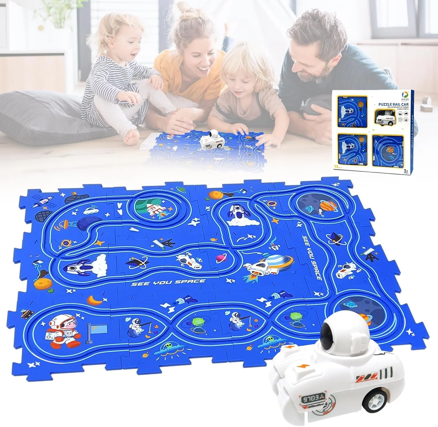 مجموعه بازی پیست ماشین پازلی، مجموعه پیست ماشین مسابقه ای پازلی برای آموزش کودکان، وسایل نقلیه بازی کودکان، اسباب بازی پیست ماشین مسابقه، اسباب بازی پیست مسابقه ماشین برای پسران 2 تا 6 ساله (تم فضایی)