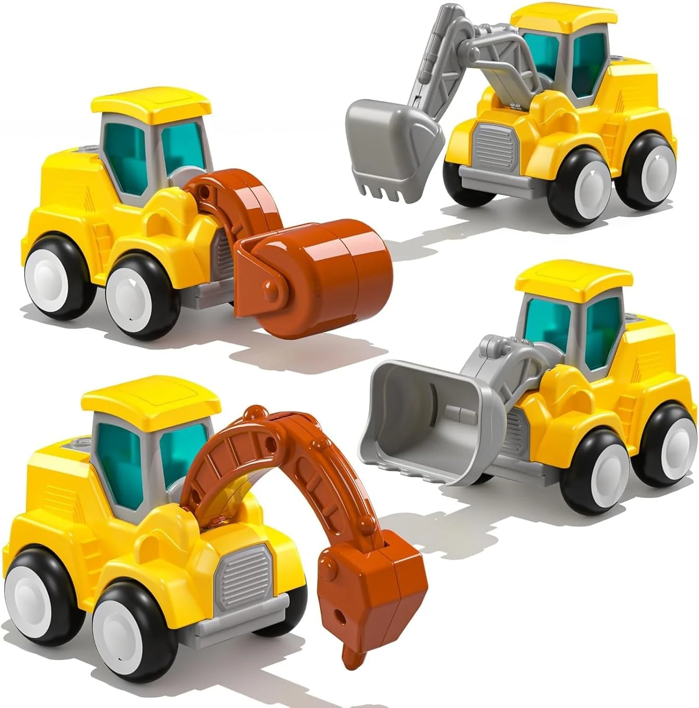 ست 4 عددی ماشین های اسباب بازی ساختمانی برای کودکان نوپا، بیل مکانیکی، بولدوزر، غلتک جاده و ماشین حفاری، ست اسباب بازی آموزشی کودکان با اتصالات انعطاف پذیر، هدیه تولد ایده آل برای پسران و دختران