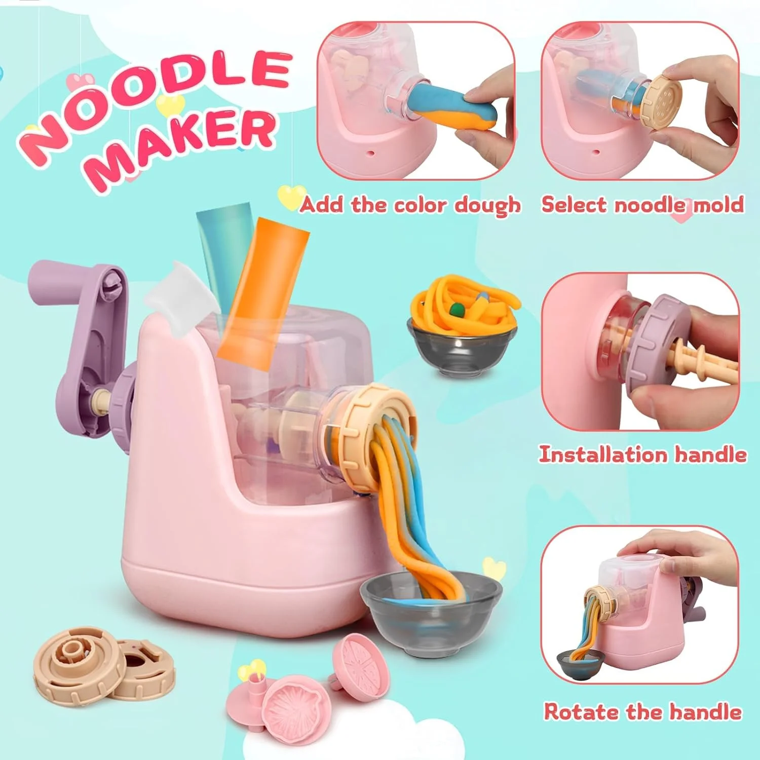 مجموعه خمیر بازی رنگی برای کودکان، دستگاه نودل ساز برای ابزار خمیر بازی، مجموعه خمیر بازی برای کودکان 4-8 سال، مجموعه آشپزخانه با 12 رنگ خمیر برای دختران و پسران 3+ (صورتی)