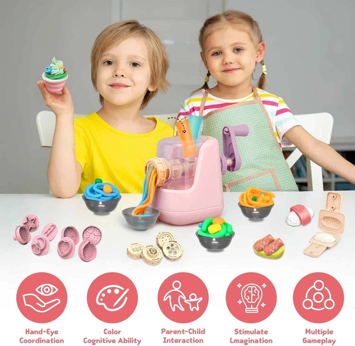 مجموعه خمیر بازی رنگی برای کودکان، دستگاه نودل ساز برای ابزار خمیر بازی، مجموعه خمیر بازی برای کودکان 4-8 سال، مجموعه آشپزخانه با 12 رنگ خمیر برای دختران و پسران 3+ (صورتی)