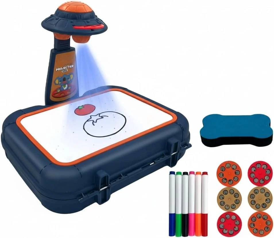 پروژکتور نقاشی برای کودکان، تخته نقاشی هوشمند با قلم های رنگی، تخته پاک کن، اسلاید، اسباب بازی آموزشی یادگیری زودهنگام، میز نقاشی برای کودکان پسر و دختر (آبی)
