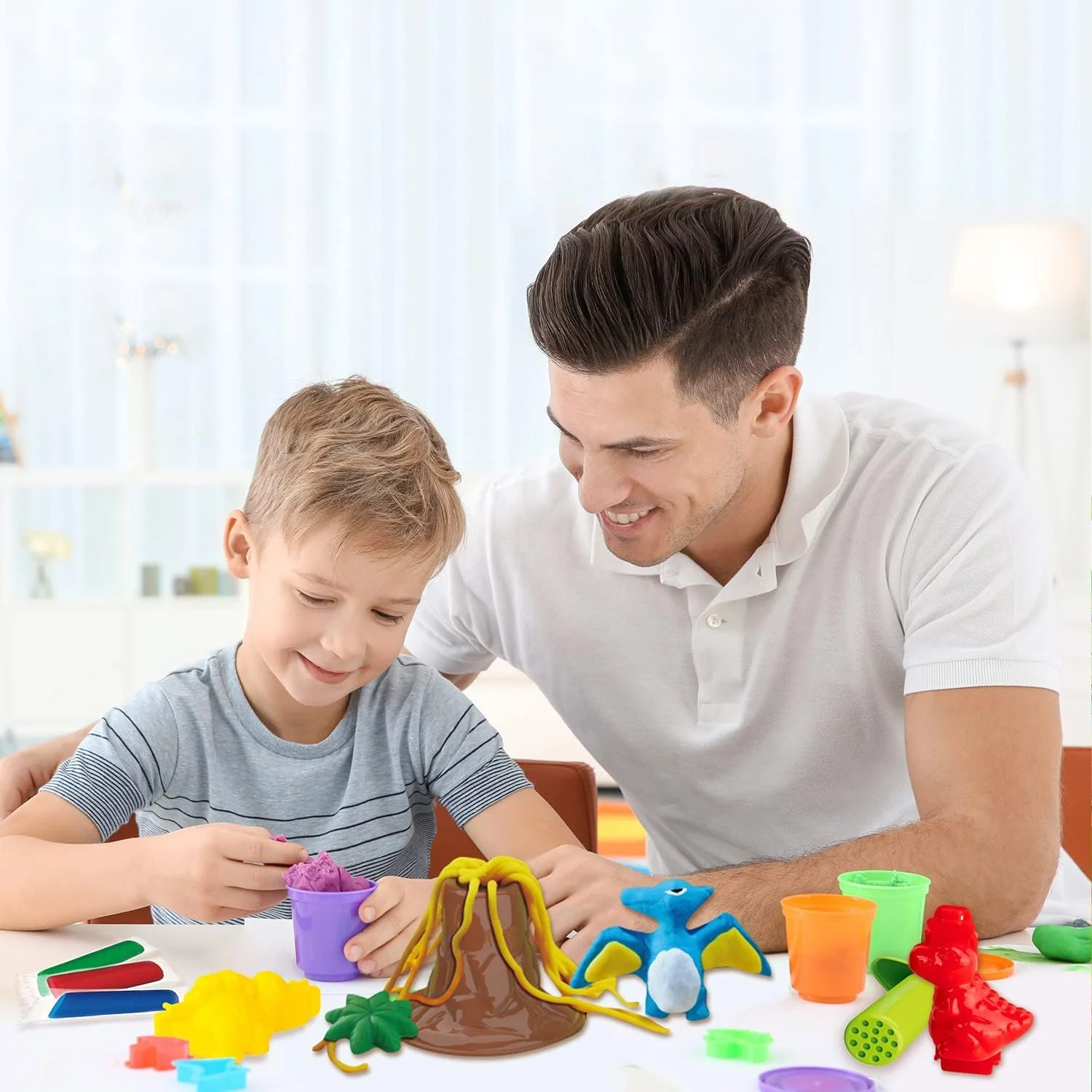 مجموعه خمیر بازی برای کودکان 2 تا 4 سال - کیت ابزار خمیر بازی دایناسور شامل 30 بسته خمیر رنگی، قالب های دایناسور، آتشفشان، فسیل، ابزار و جعبه نگهداری، مجموعه اسباب بازی DIY هنری و صنایع دستی، هدیه آموزشی