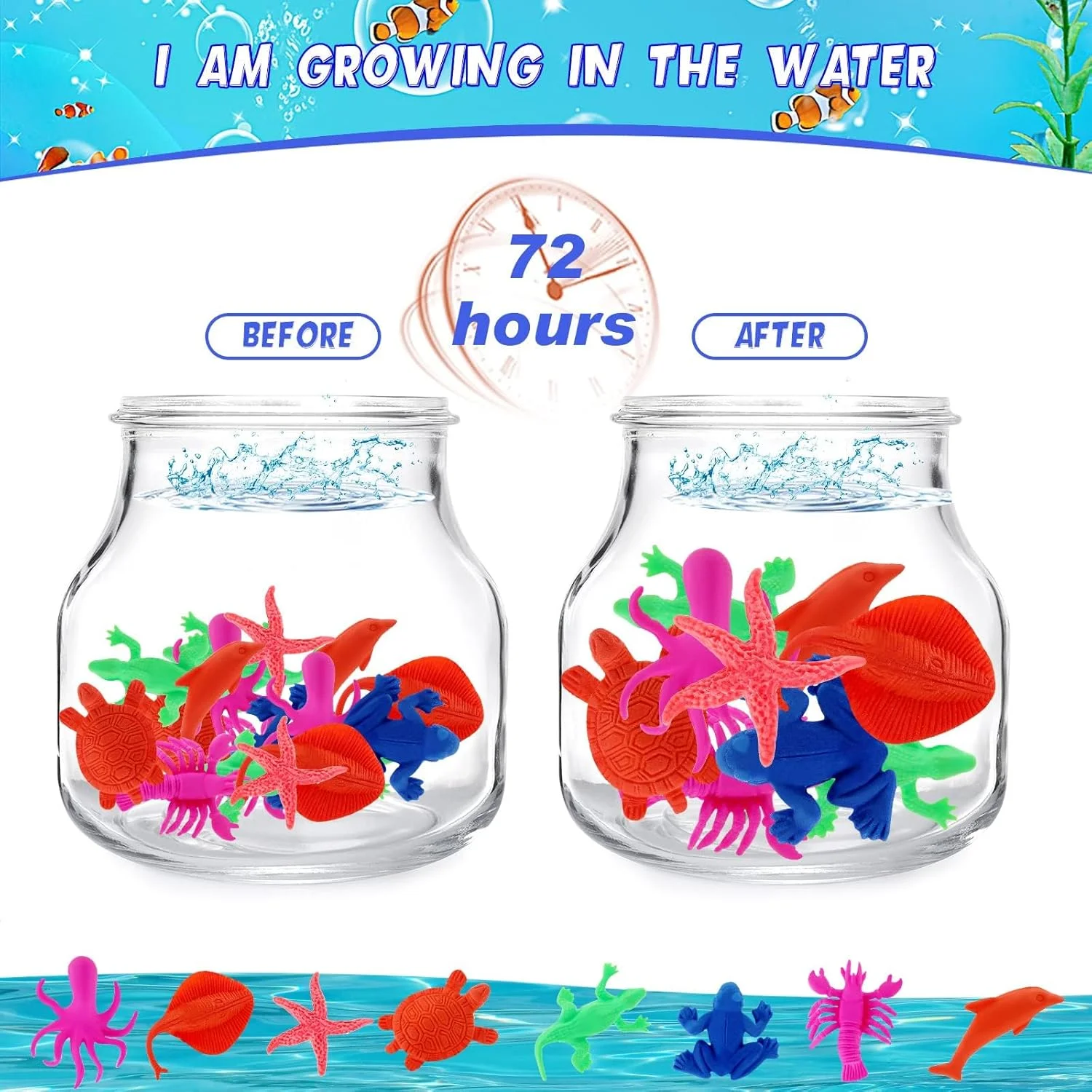 اسباب بازی های موجودات دریایی در حال رشد در آب NALACAL، 96 عدد، حیوانات دریایی در حال رشد زیر دریا، اسباب بازی آموزشی موجودات دریایی، حیوانات دریایی قابل گسترش برای لوازم مهمانی اقیانوسی