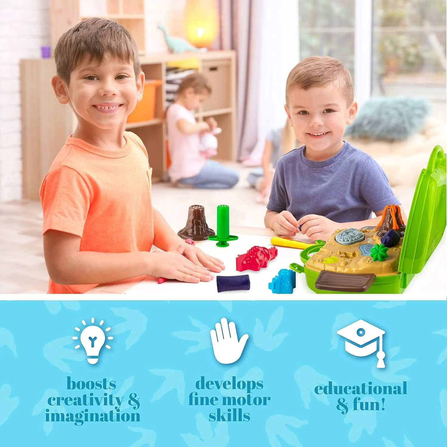 مجموعه خمیر بازی برای کودکان 2 تا 4 سال - کیت ابزار خمیر بازی دایناسور شامل 30 بسته خمیر رنگی، قالب های دایناسور، آتشفشان، فسیل، ابزار و جعبه نگهداری، مجموعه اسباب بازی DIY هنری و صنایع دستی، هدیه آموزشی