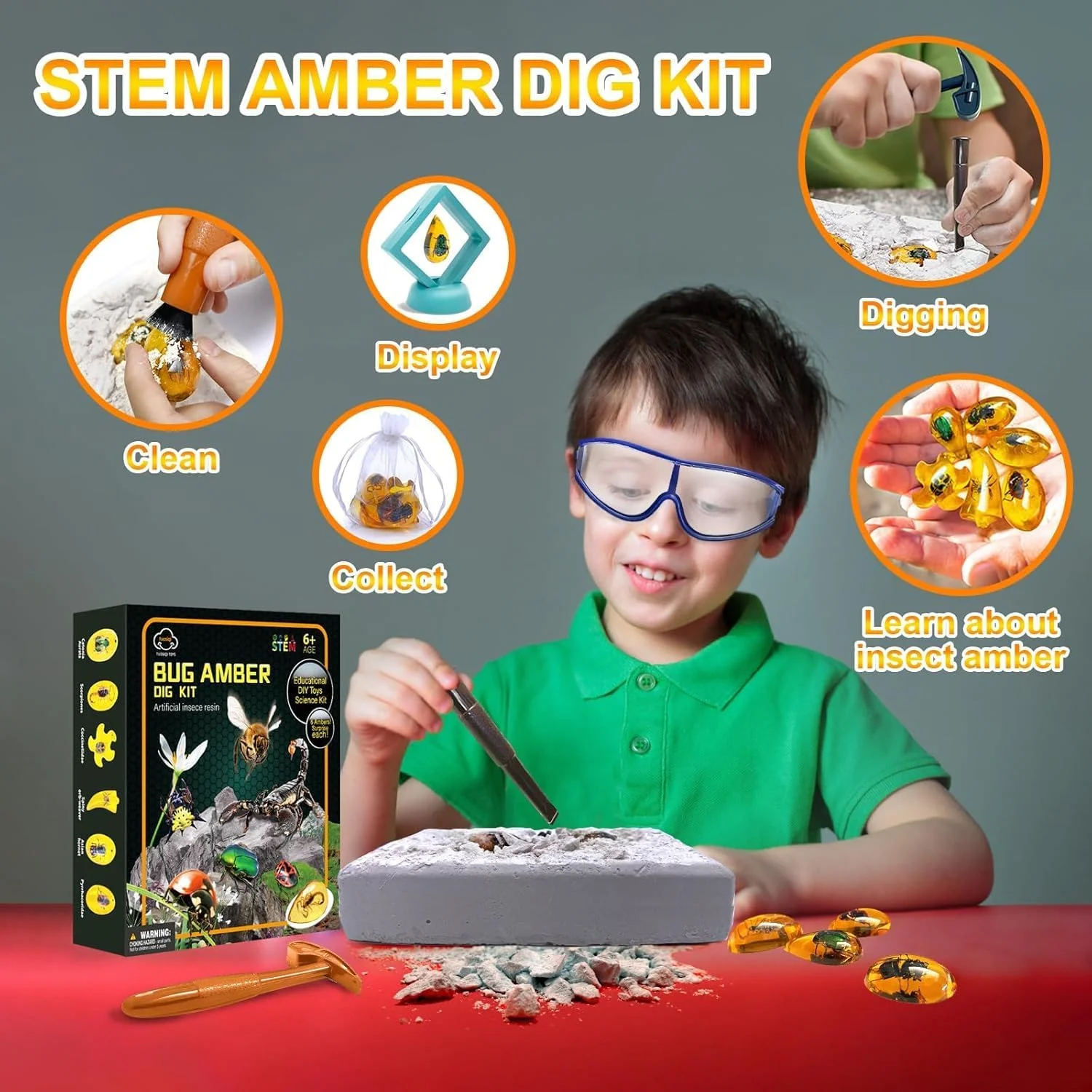 مجموعه کاوش سنگ کهربا NALACAL، مجموعه کاوش حشرات برای کودکان، مجموعه کاوش سنگ های قیمتی، 6 سنگ قیمتی و کهربای واقعی، اسباب بازی های آموزشی فسیل ها، کیت علمی با عینک و قاب نمایش هدیه