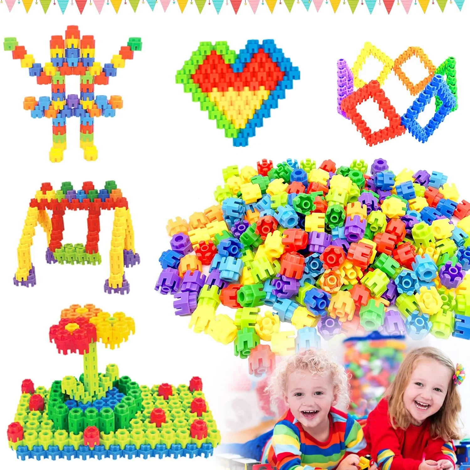 ۳۰۰ قطعه بلوک ساختمانی برای کودکان به همراه کیف نگهداری - اتصال آسان، رنگارنگ، مناسب کودکان ۳ سال به بالا - اسباب بازی های ساختنی برای یادگیری کودکان - اسباب بازی های آموزشی خلاقانه برای مهدکودک و کلاس درس