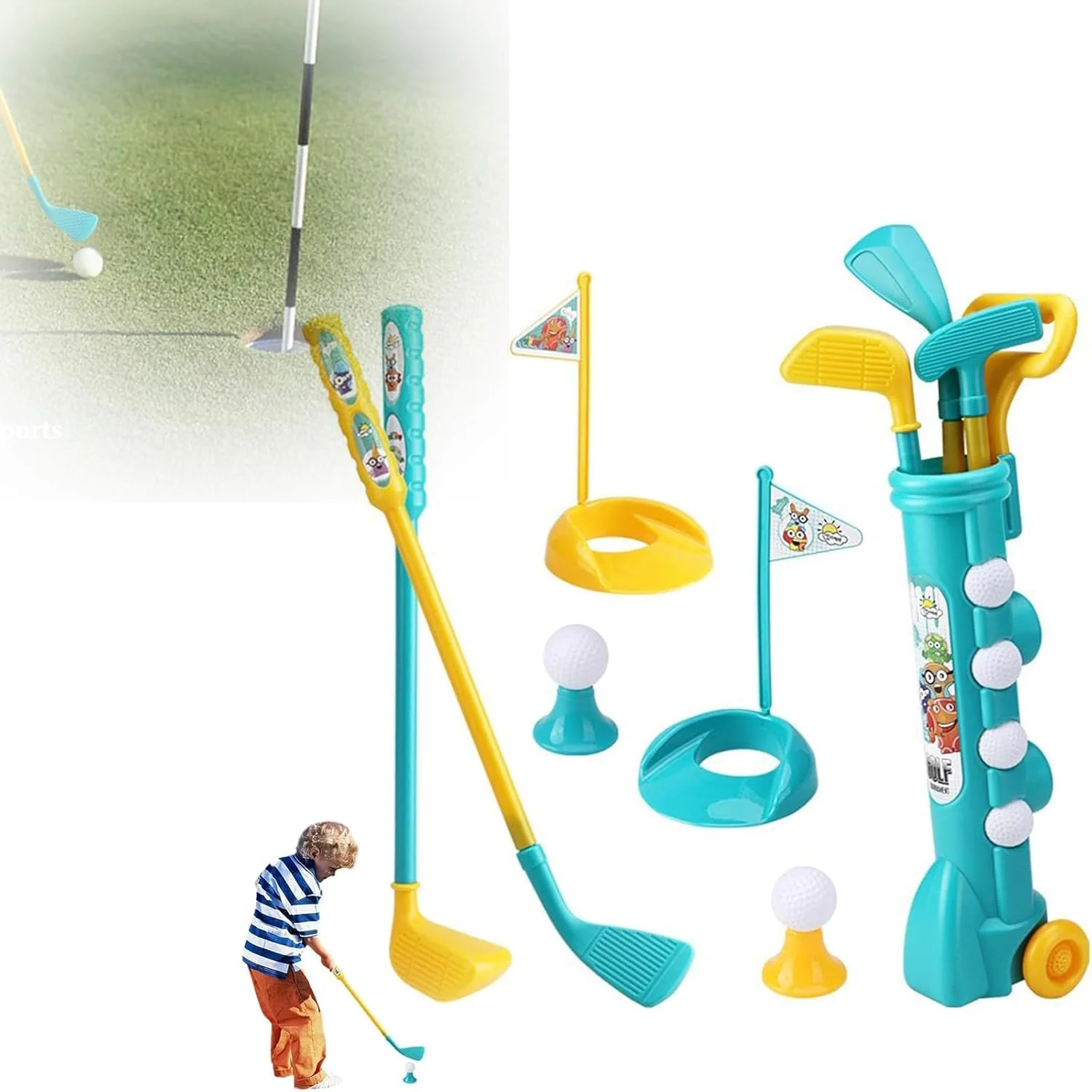 ست گلف 12 تکه کودکان به همراه چرخ - اسباب بازی مینی گلف برای تمرینات آموزشی زودهنگام در فضای باز - هدیه بازی فعالیت در فضای داخلی و خارجی برای پسران، دختران، کودکان نوپا