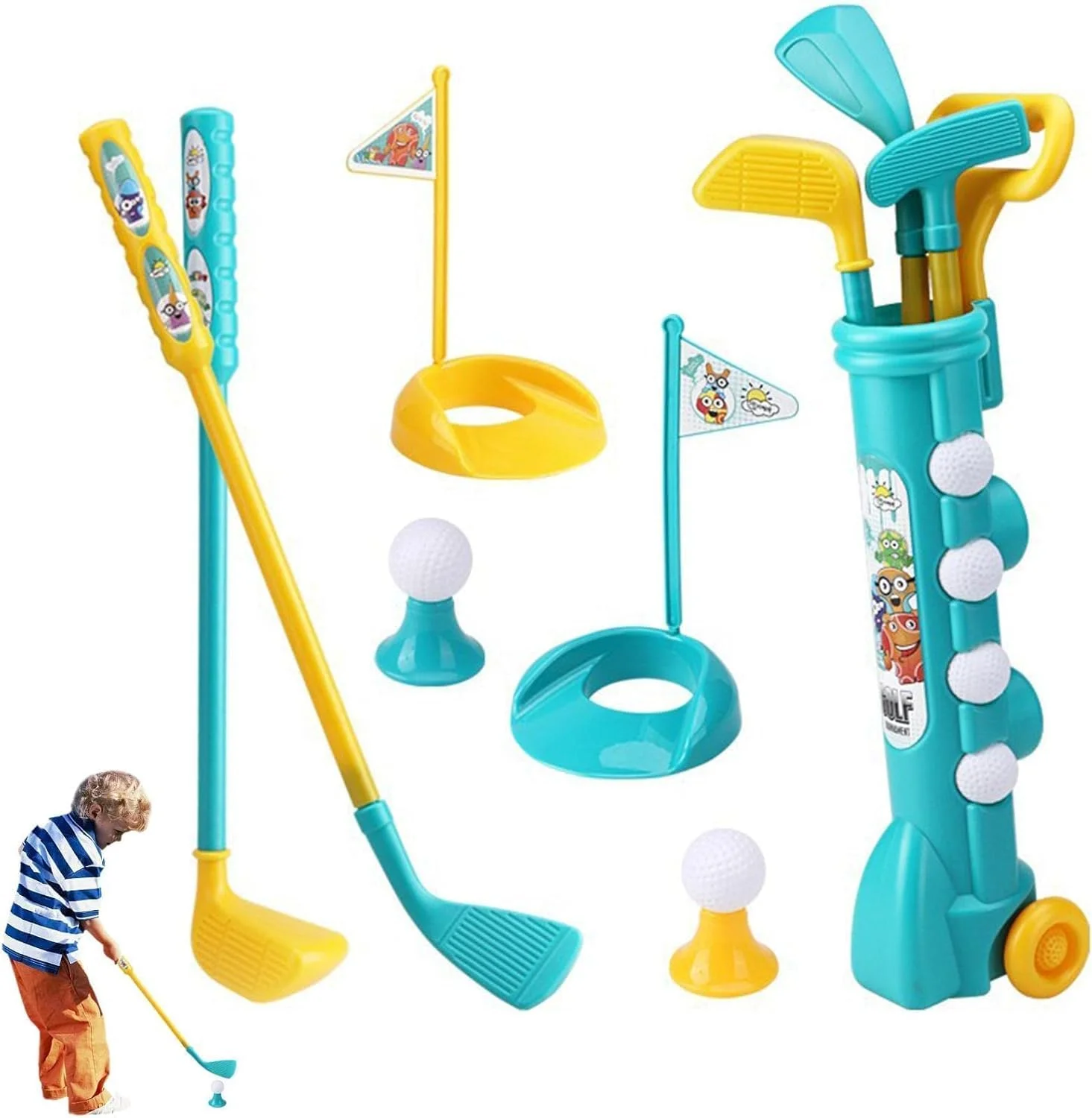 ست گلف 12 تکه کودکان به همراه چرخ - اسباب بازی مینی گلف برای تمرینات آموزشی زودهنگام در فضای باز - هدیه بازی فعالیت در فضای داخلی و خارجی برای پسران، دختران، کودکان نوپا
