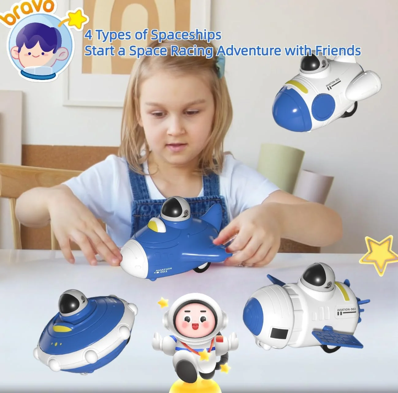 مجموعه 4 عددی اسباب بازی ماشین فضایی فشاری NALACAL برای کودکان نوپا، مجموعه اسباب بازی ماشین اینرسی، ماشین های عقب کش، مجموعه بازی با تم فضایی با فضانوردان، اسباب بازی موشک فضایی برای کودکان 3 سال به بالا