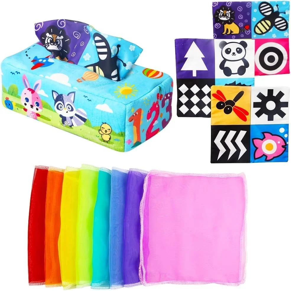 جعبه دستمال کاغذی نالاکال، جعبه دستمال کاغذی جادویی با بافت چروک و کنتراست بالا، اسباب بازی نوزادی دخترانه و پسرانه، هدیه