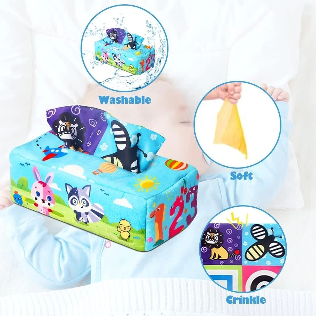 جعبه دستمال کاغذی نالاکال، جعبه دستمال کاغذی جادویی با بافت چروک و کنتراست بالا، اسباب بازی نوزادی دخترانه و پسرانه، هدیه