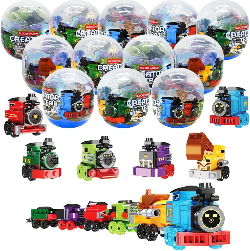 تخم مرغ های شانسی پر شده با بلوک های ساختنی قطار NALACAL، بسته 12 عددی، اسباب بازی های سورپرایزی تخم مرغی برای کودکان، پرکننده سبد عید پاک، شکار تخم مرغ عید پاک، جوایز مهمانی عید پاک برای کلاس