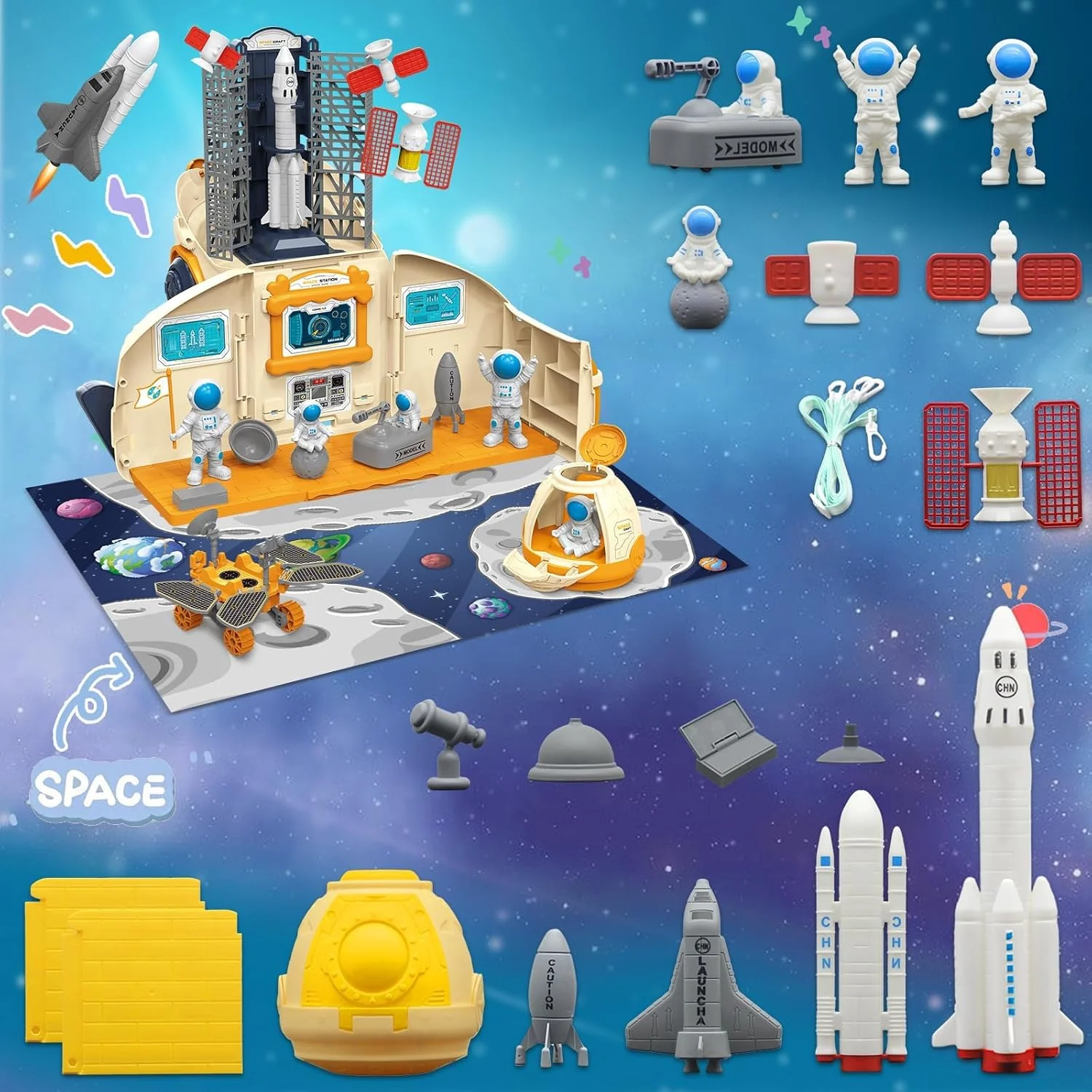 مجموعه اسباب بازی اکتشاف فضایی NALACAL - شامل سفینه فضایی، آدمک فضانورد، مریخ نورد، ایستگاه، کپسول و شاتل با نور و صدا، اسباب بازی فضانورد ایده آل برای پسران 3-8 ساله