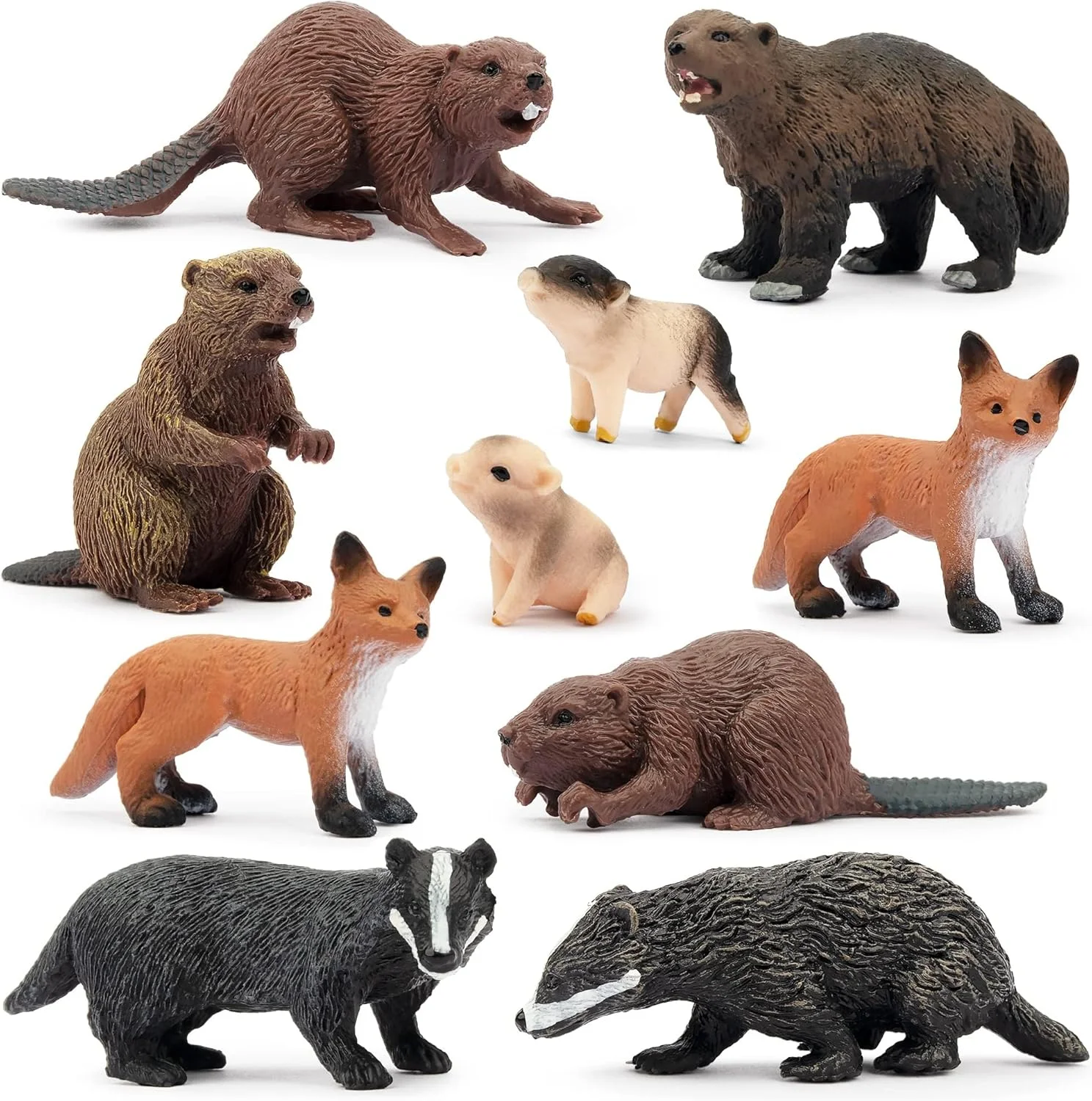 ست 10 عددی فیگورهای حیوانات جنگلی کوچک نالاکال، مجموعه اسباب بازی های مینیاتوری حیوانات جنگلی شامل سگ آبی، روباه، گورکن، هدیه آموزشی تولد عید پاک، اسباب بازی کریسمس برای کودکان و نوپاها