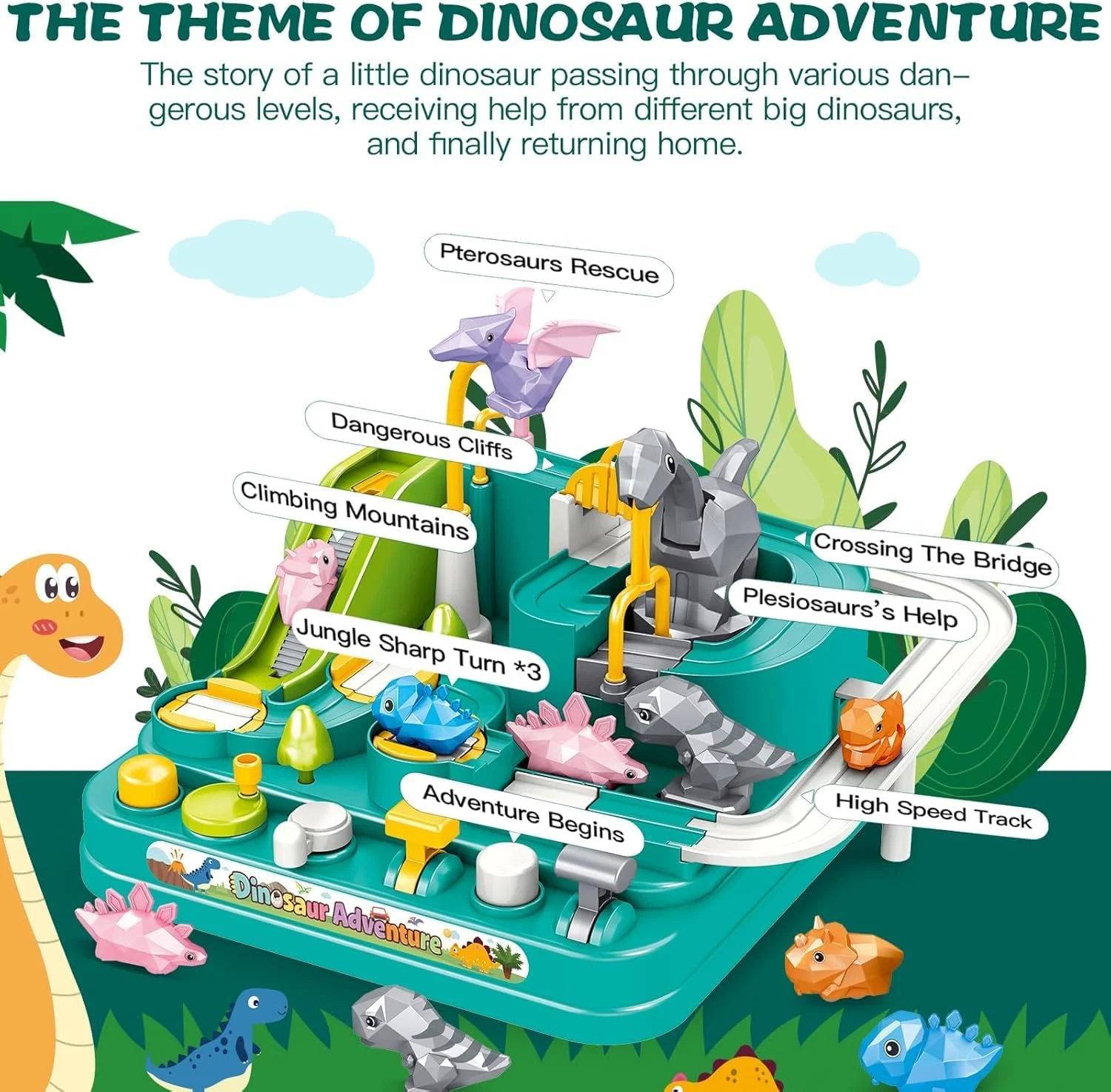 اسباب بازی برای پسر بچه 3 ساله - مجموعه بازی ماجراجویی ماشین با پیست مسابقه و نجات دایناسور، پیست مسابقه ماشین ریلی پازلی برای کودکان 3-5 ساله، مجموعه اسباب بازی آموزشی پیش دبستانی برای پسران و دختران