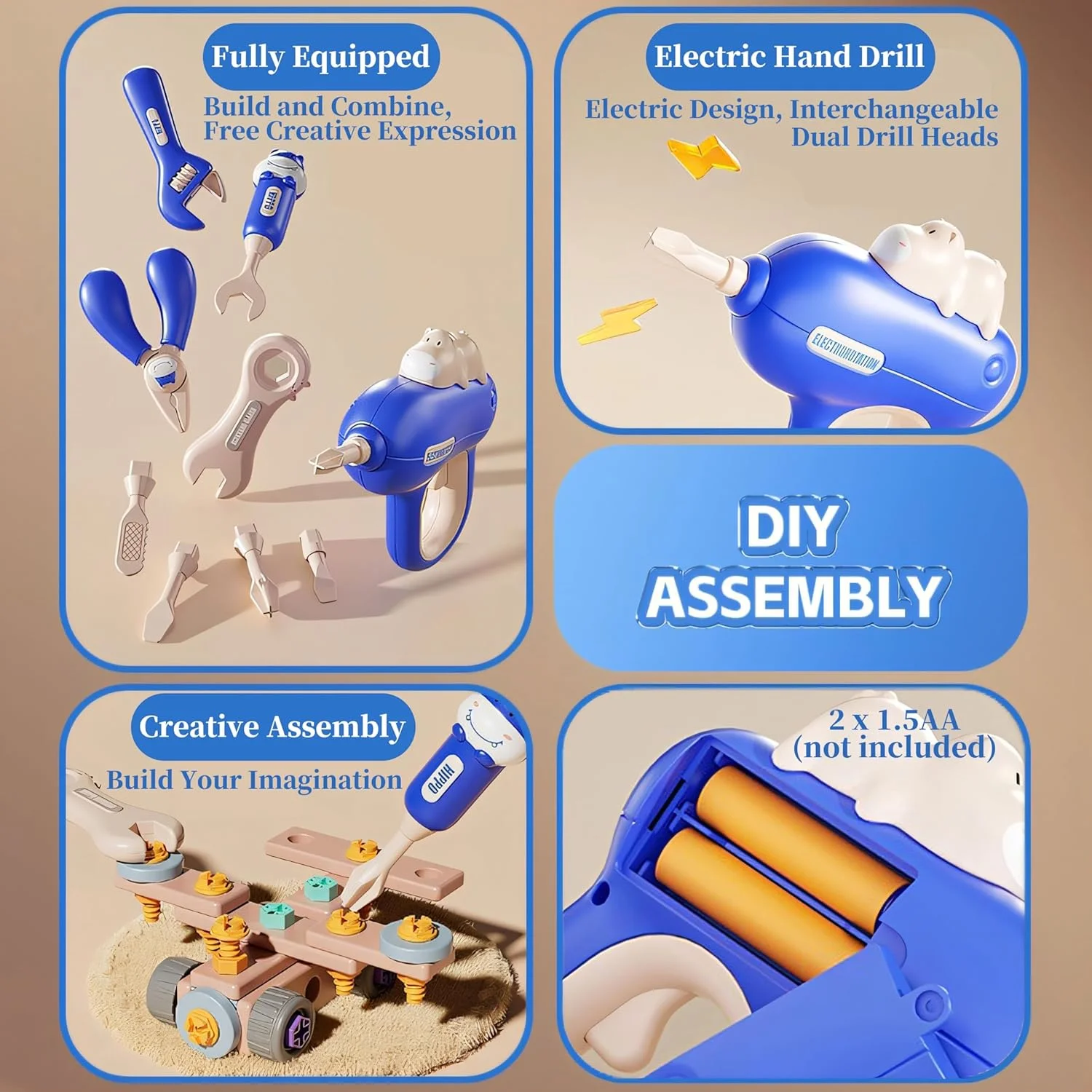 مجموعه ابزار کودکانه، اسباب بازی های مته و پیچ ​​و مهره، اسباب بازی های ساختمانی بازی وانمودی با جعبه ابزار قابل حمل و مته اسباب بازی الکترونیکی، هدایای روز خانوادگی تولد کریسمس برای سنین 3-8 سال