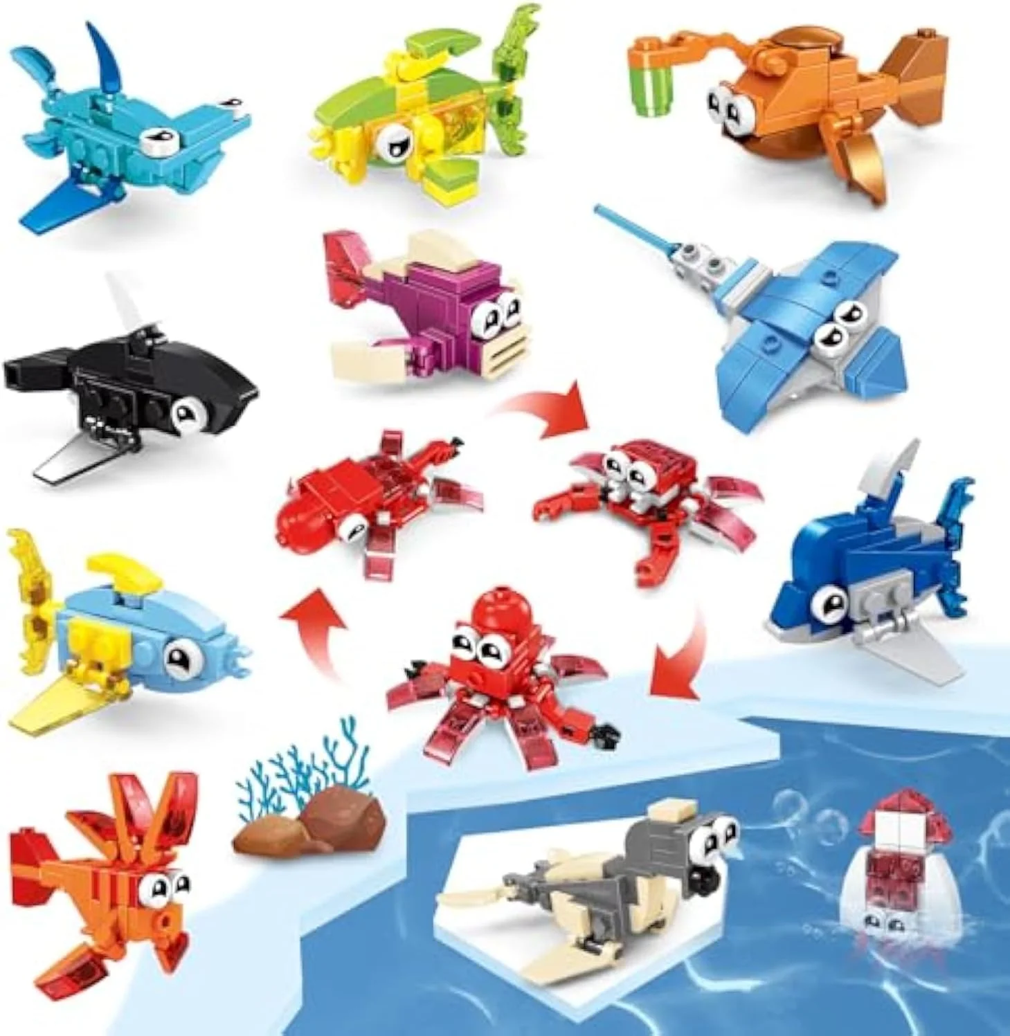 مجموعه 12 عددی بلوک ساختنی موجودات دریایی، 36 نوع بلوک ساختنی حیوانات دریایی، اسباب بازی بلوک ساختنی STEM با 3 گزینه ساخت، جوایز کلاسی، هدیه جشن برای کودکان