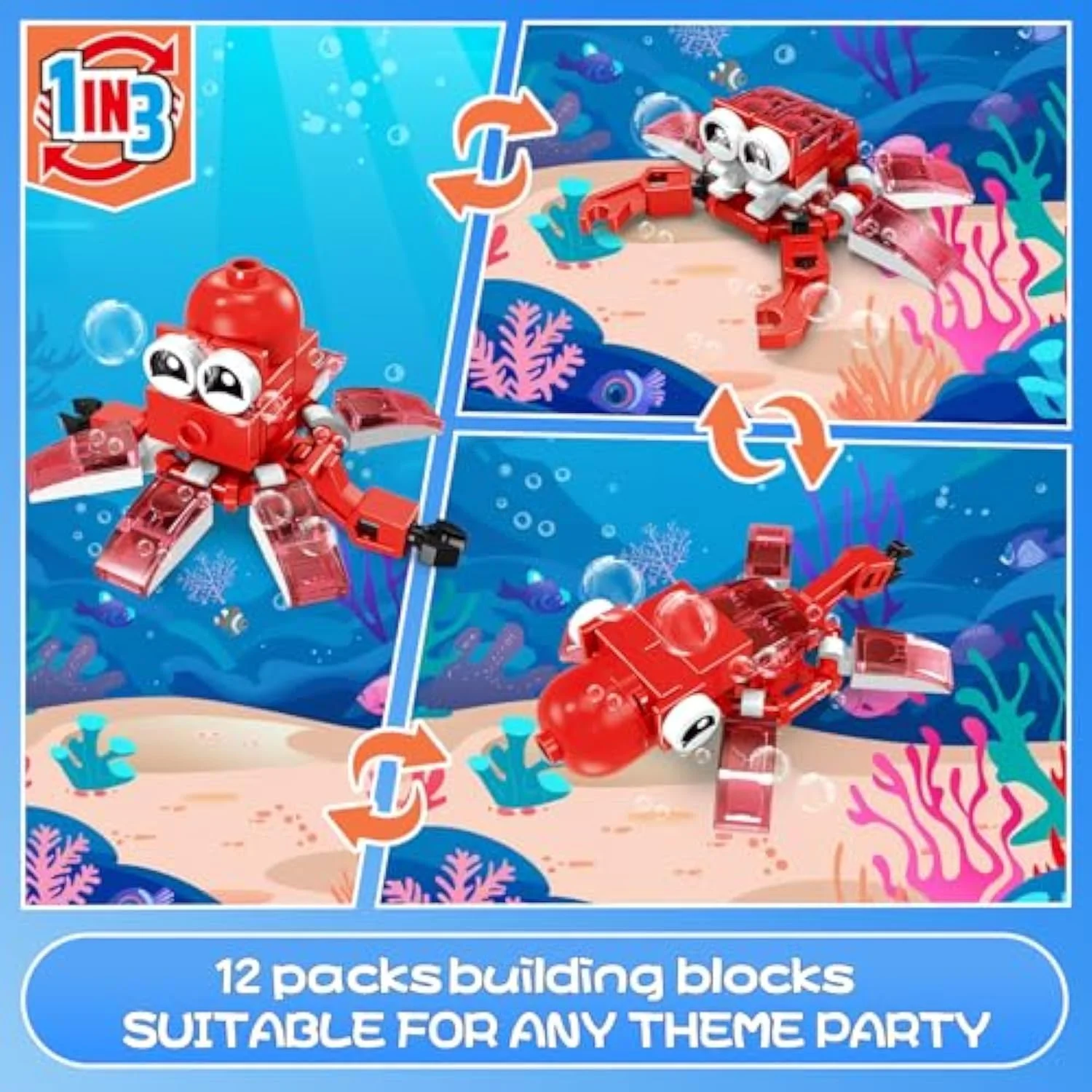 مجموعه 12 عددی بلوک ساختنی موجودات دریایی، 36 نوع بلوک ساختنی حیوانات دریایی، اسباب بازی بلوک ساختنی STEM با 3 گزینه ساخت، جوایز کلاسی، هدیه جشن برای کودکان